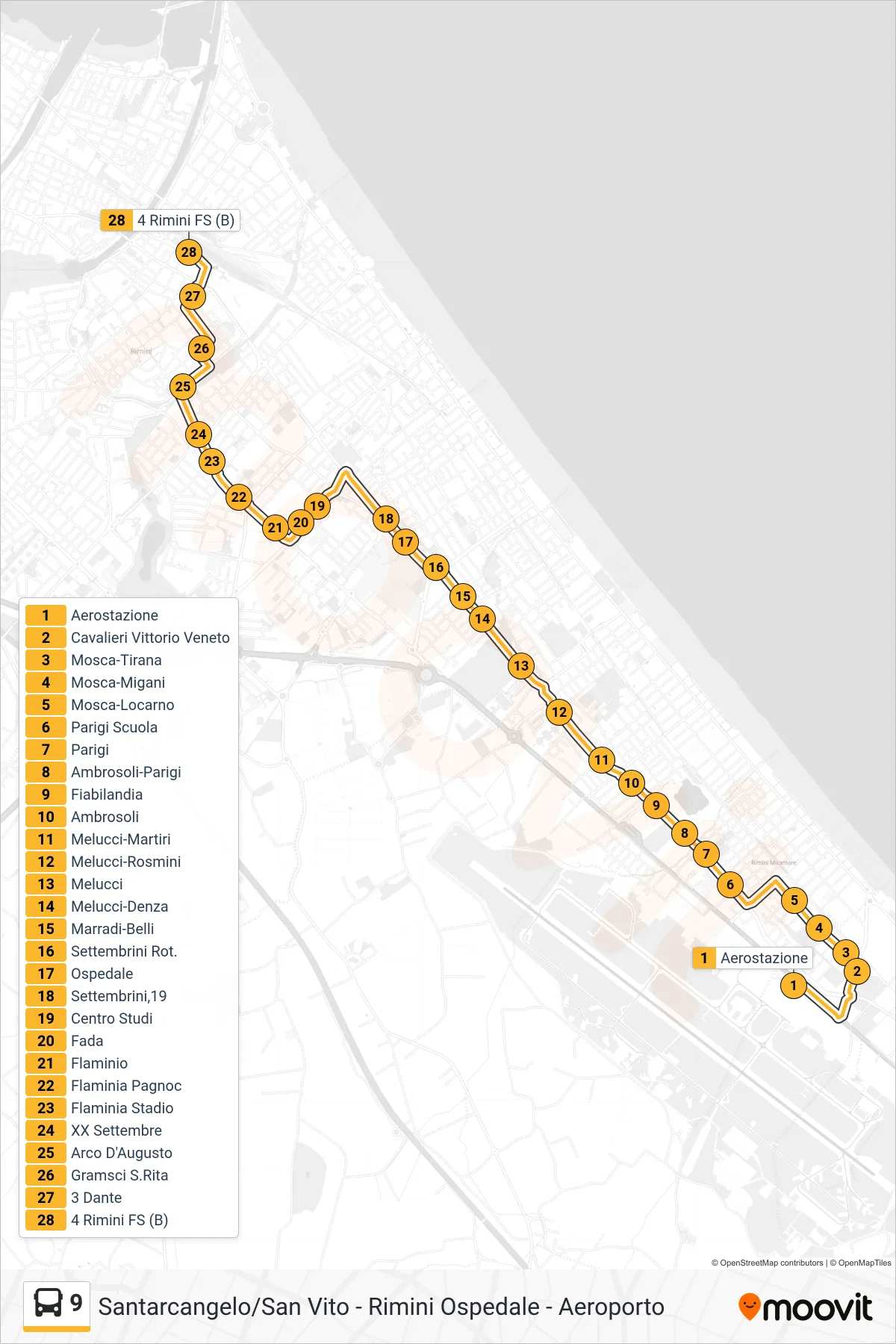 Linea 9  bus (Aerostazione‎→4 Rimini FS (B)) - Percorsi e fermate sulla mappa