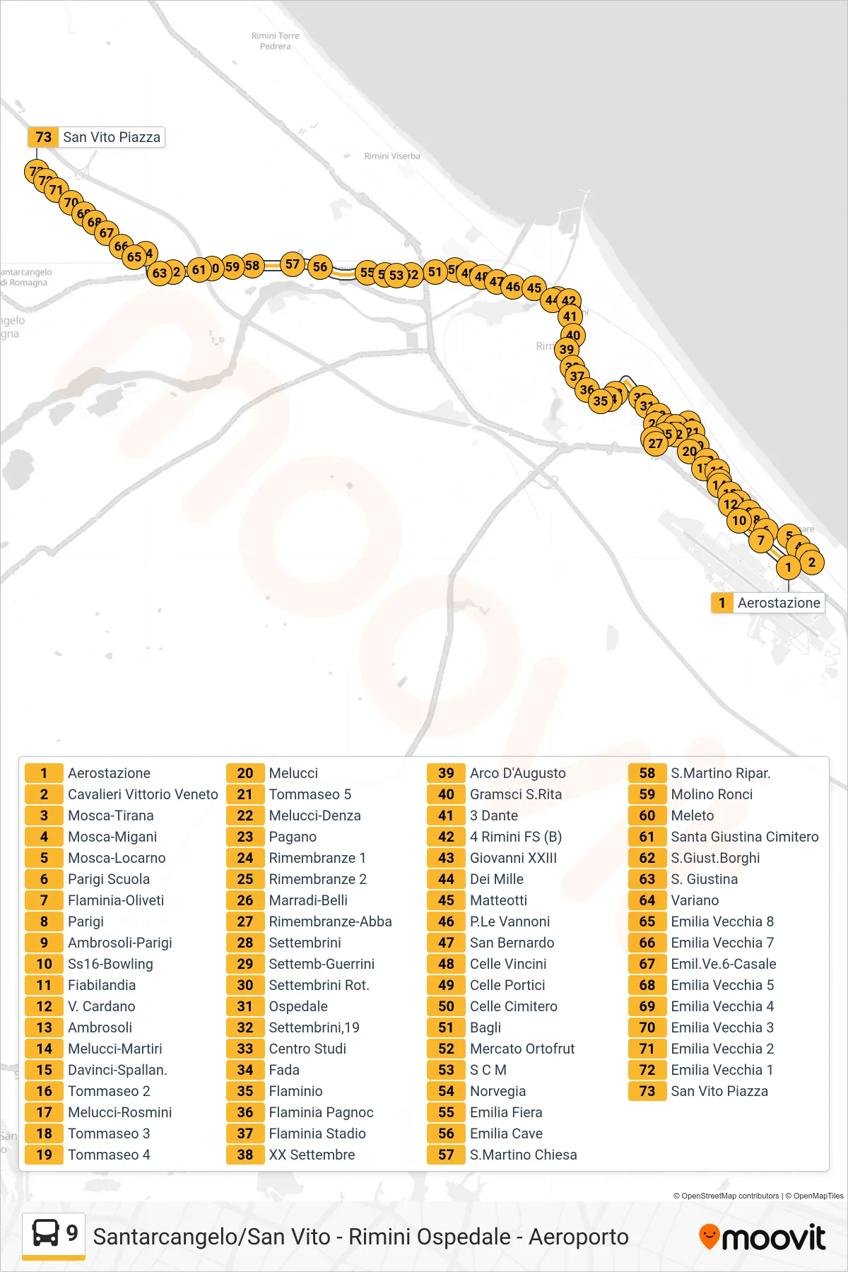 Linea 9 bus (Aerostazione→San Vito Piazza) - Percorsi e fermate sulla mappa