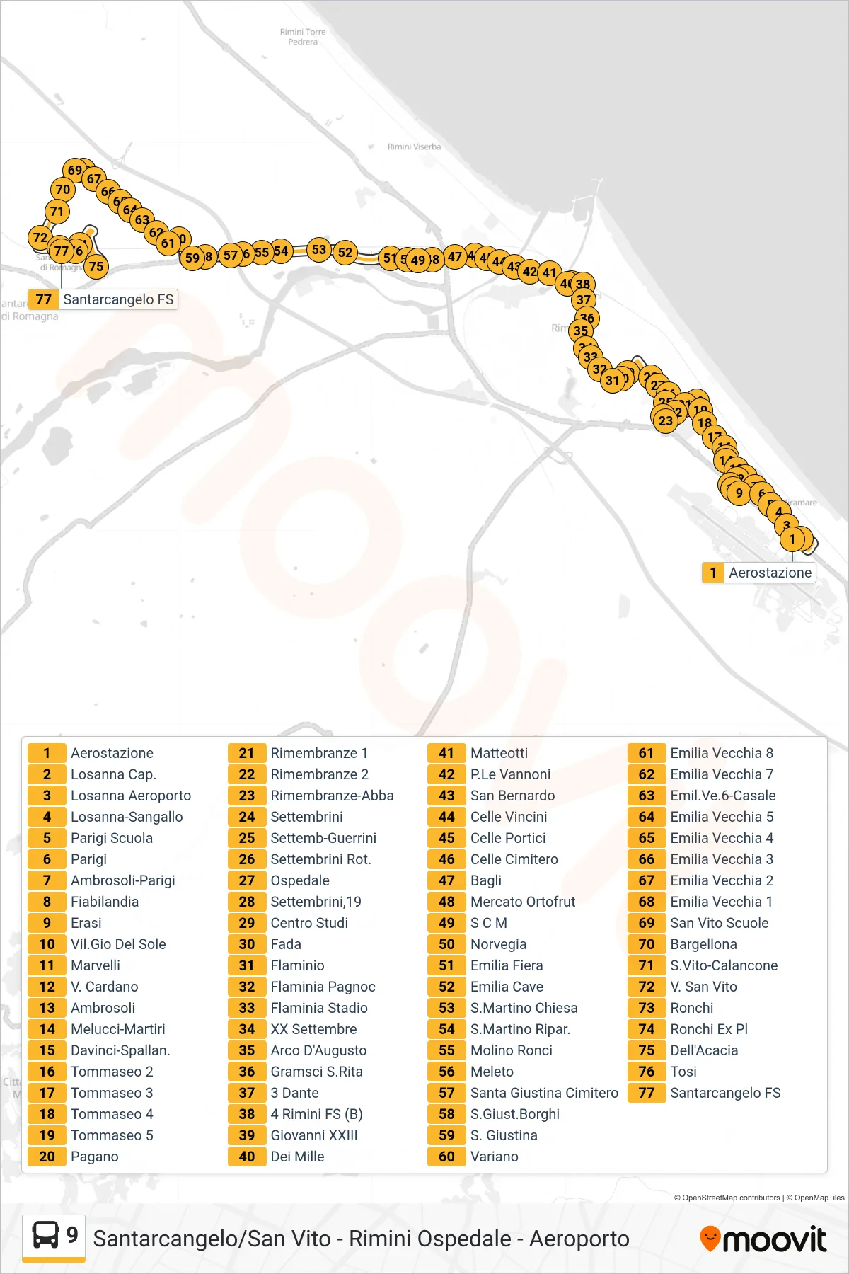 Linea 9 bus (Aerostazione→Santarcangelo FS) - Percorsi e fermate sulla mappa