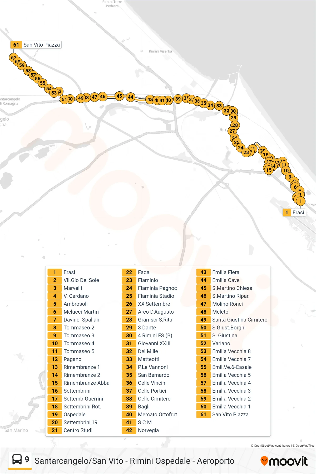 Linea 9 bus (Erasi→San Vito Piazza) - Percorsi e fermate sulla mappa