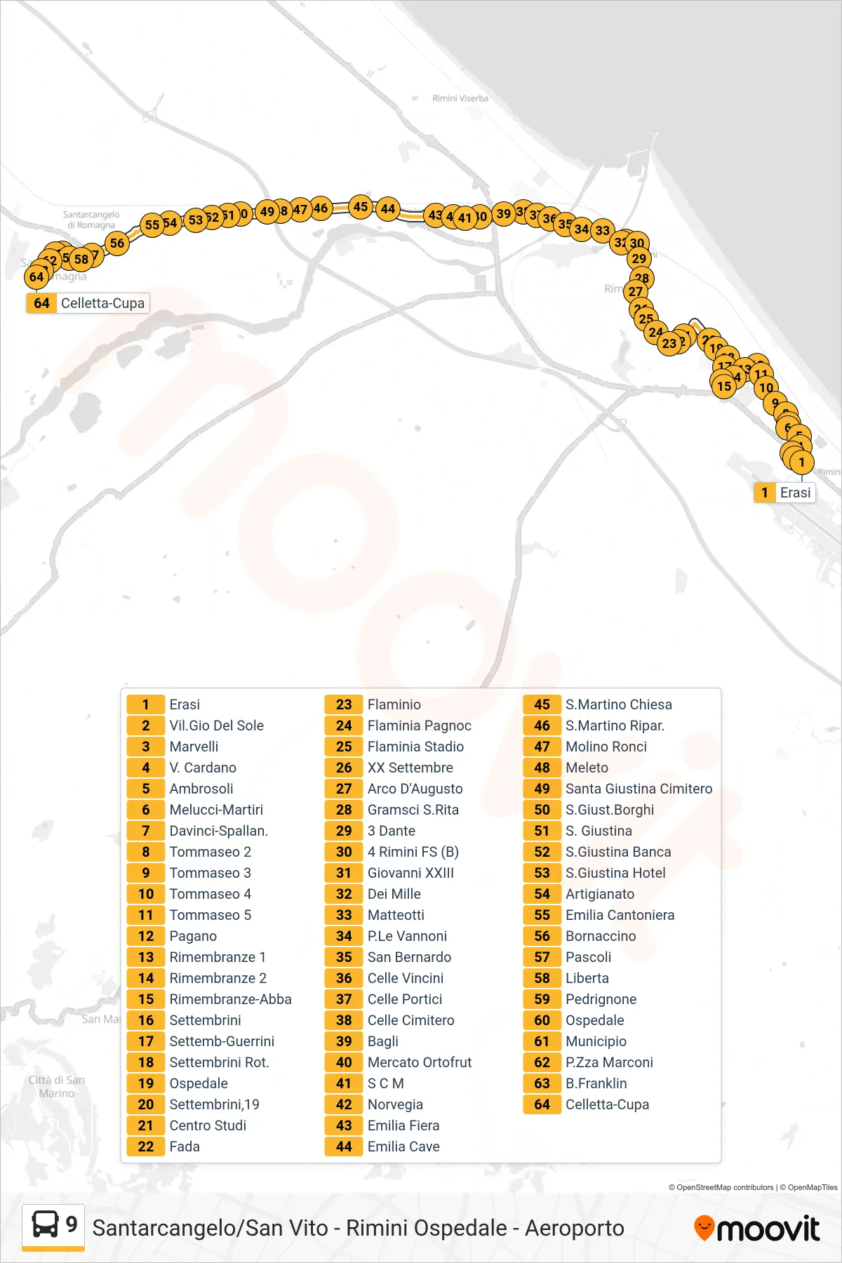 Linea 9 bus (Erasi→Celletta-Cupa) - Percorsi e fermate sulla mappa