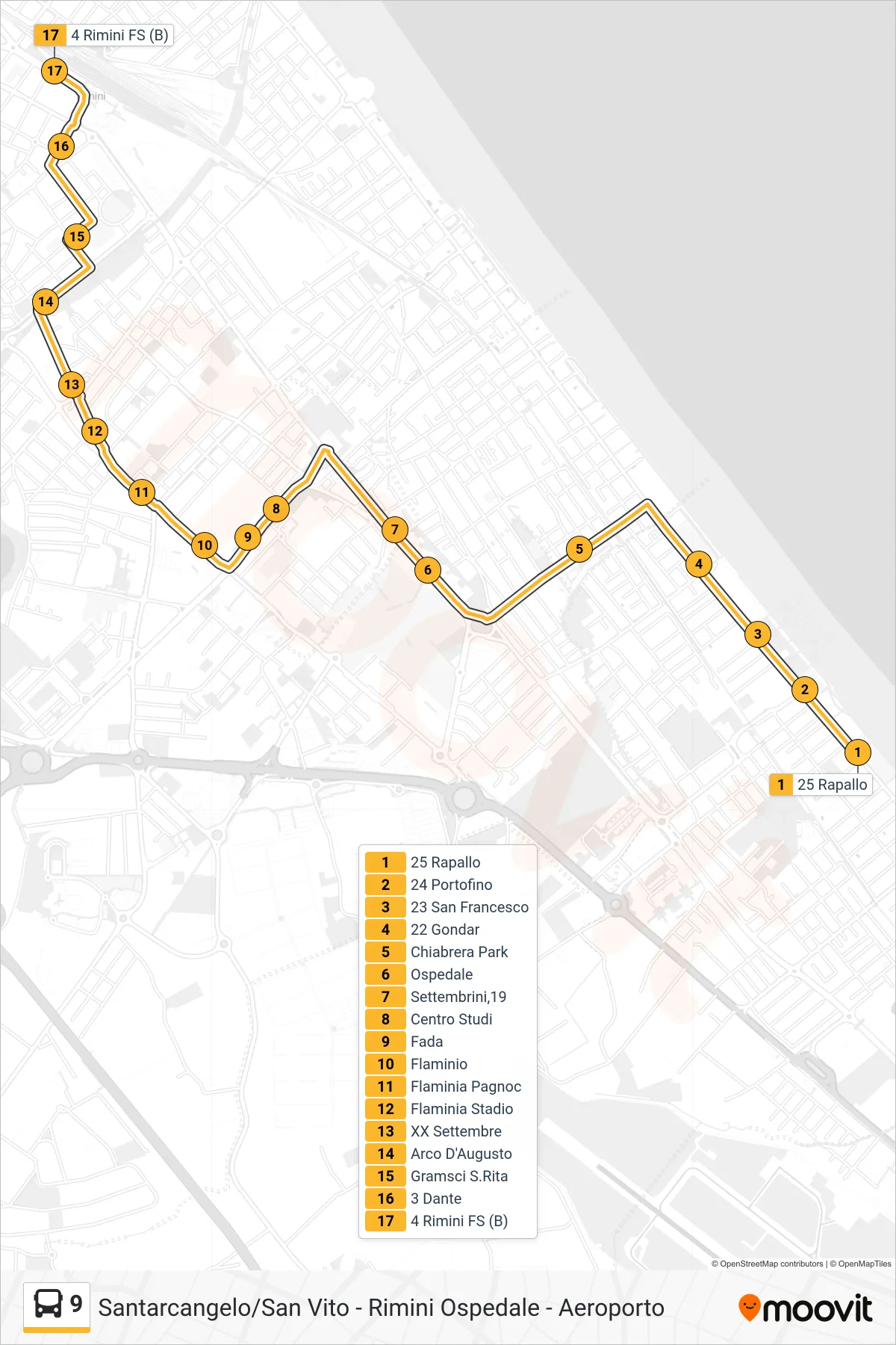 Linea 9  bus (25 Rapallo‎→4 Rimini FS (B)) - Percorsi e fermate sulla mappa