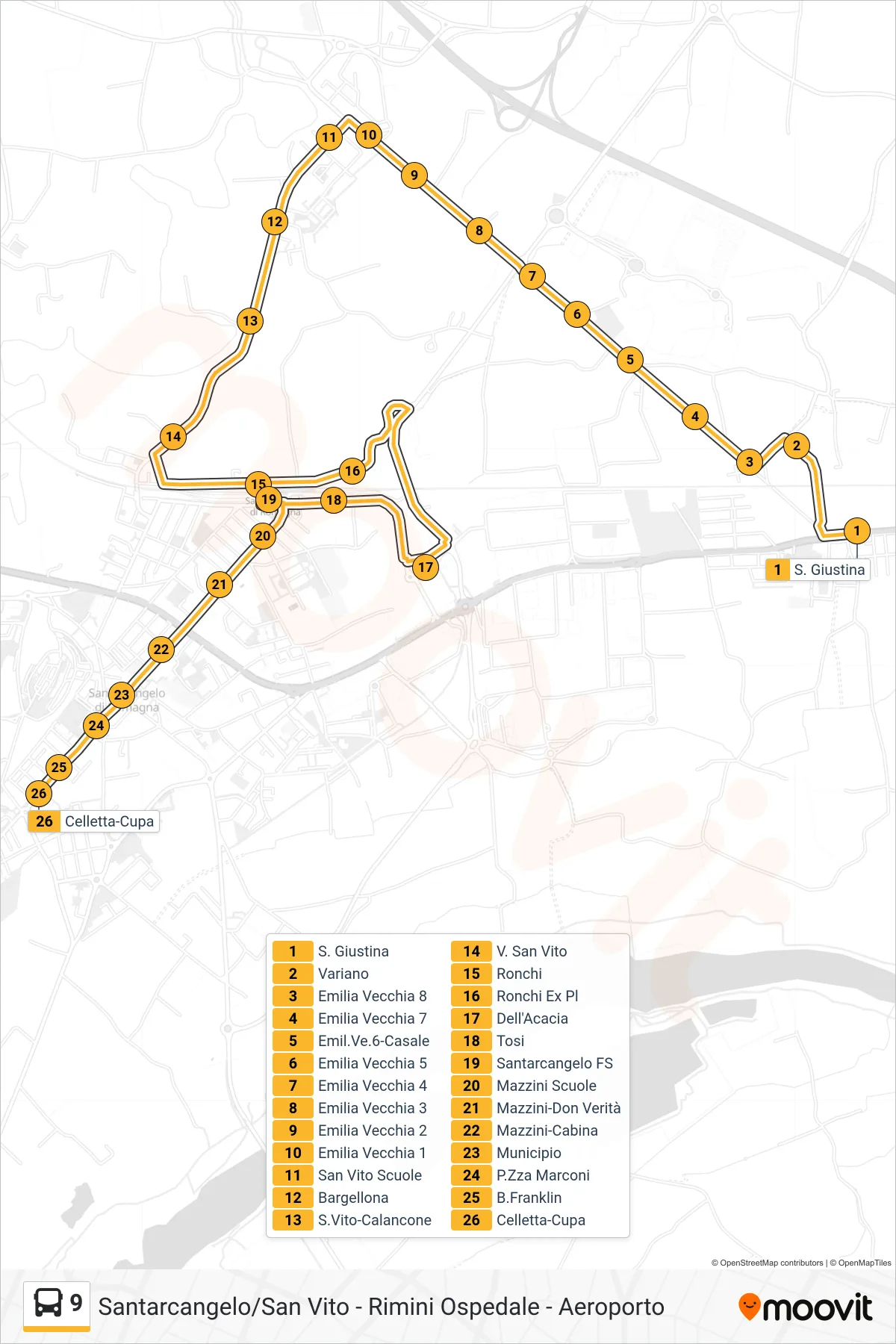 Linea 9 bus (S. Giustina→Celletta-Cupa) - Percorsi e fermate sulla mappa