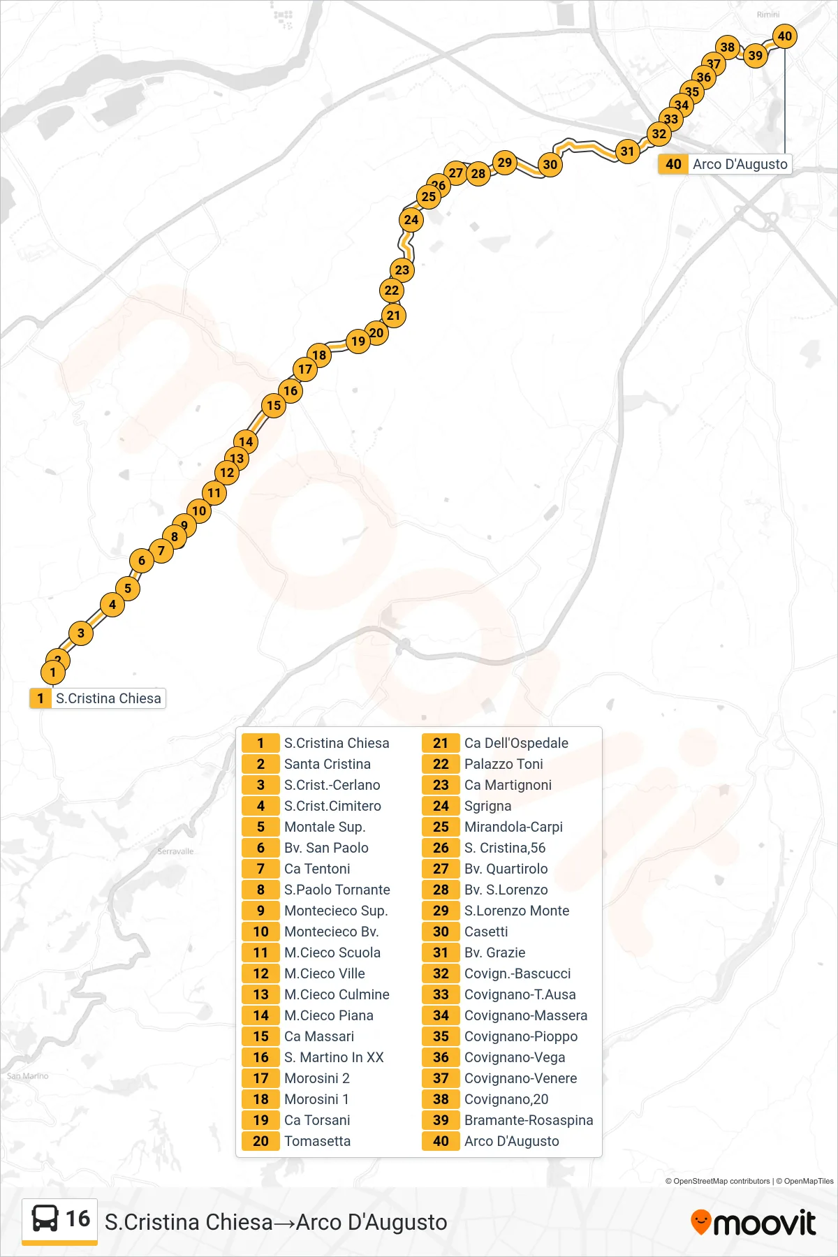 Linea 16 bus (S.Cristina Chiesa→Arco D'Augusto) - Percorsi e fermate sulla mappa