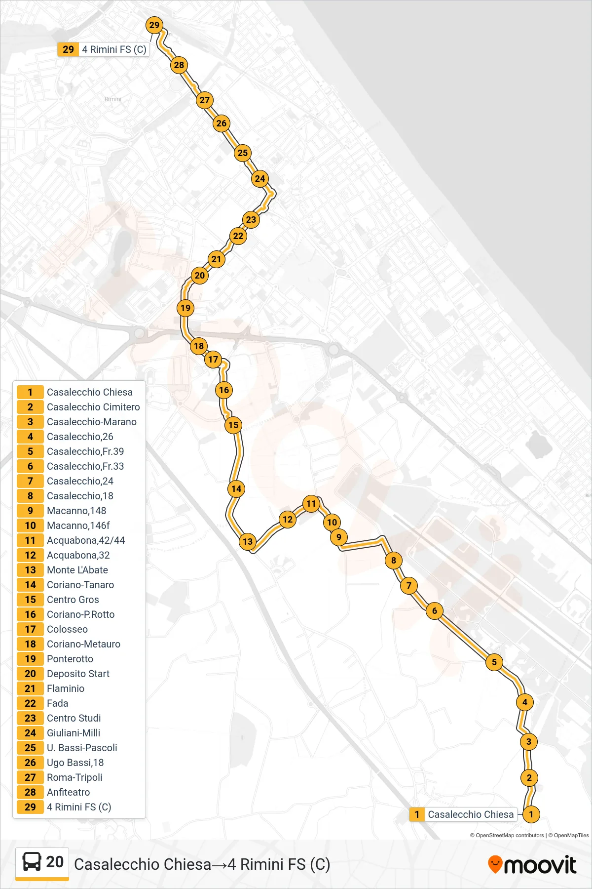 Linea 20 bus (Casalecchio Chiesa→4 Rimini FS (C)) - Percorsi e fermate sulla mappa