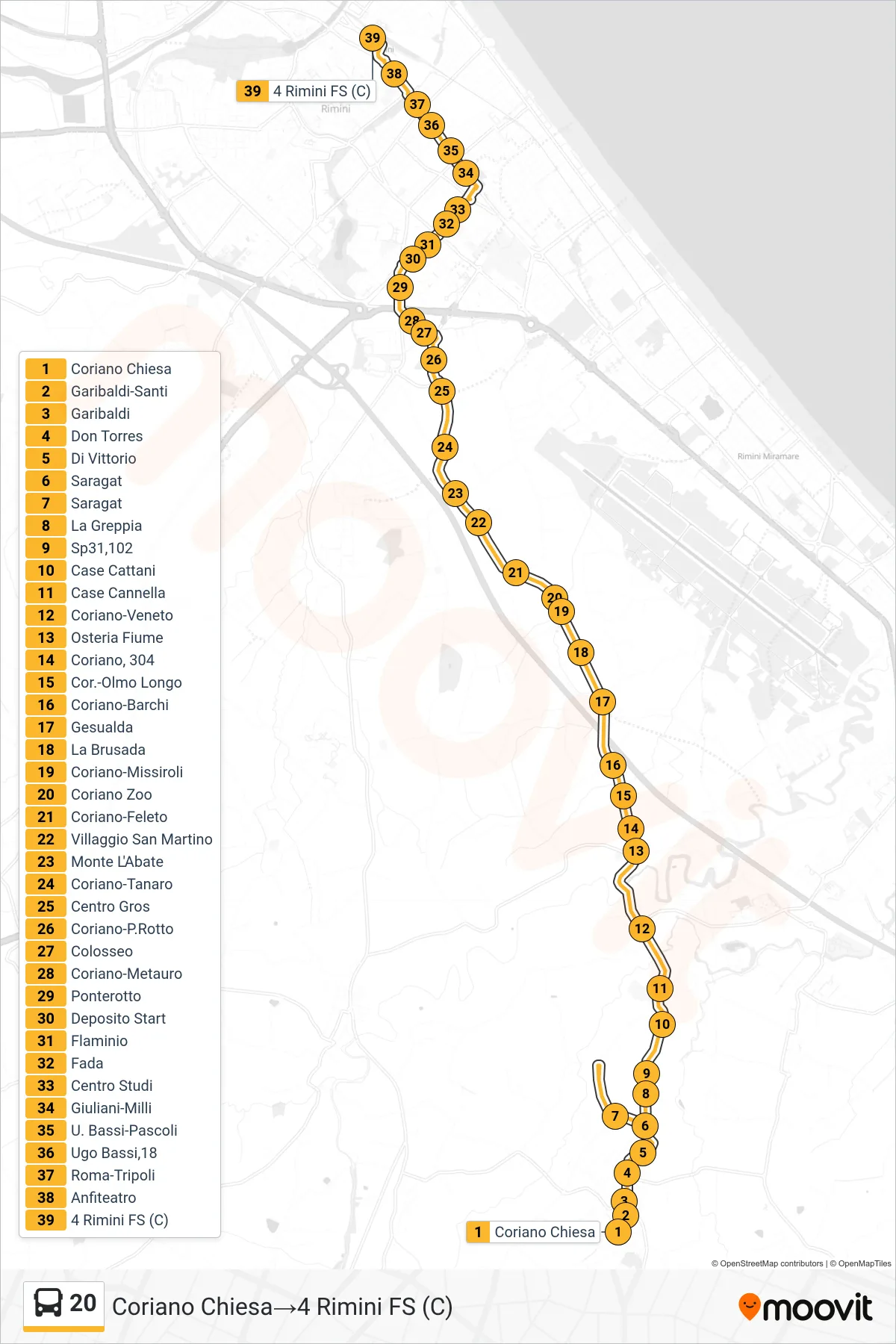Linea 20 bus (Coriano Chiesa→4 Rimini FS (C)) - Percorsi e fermate sulla mappa