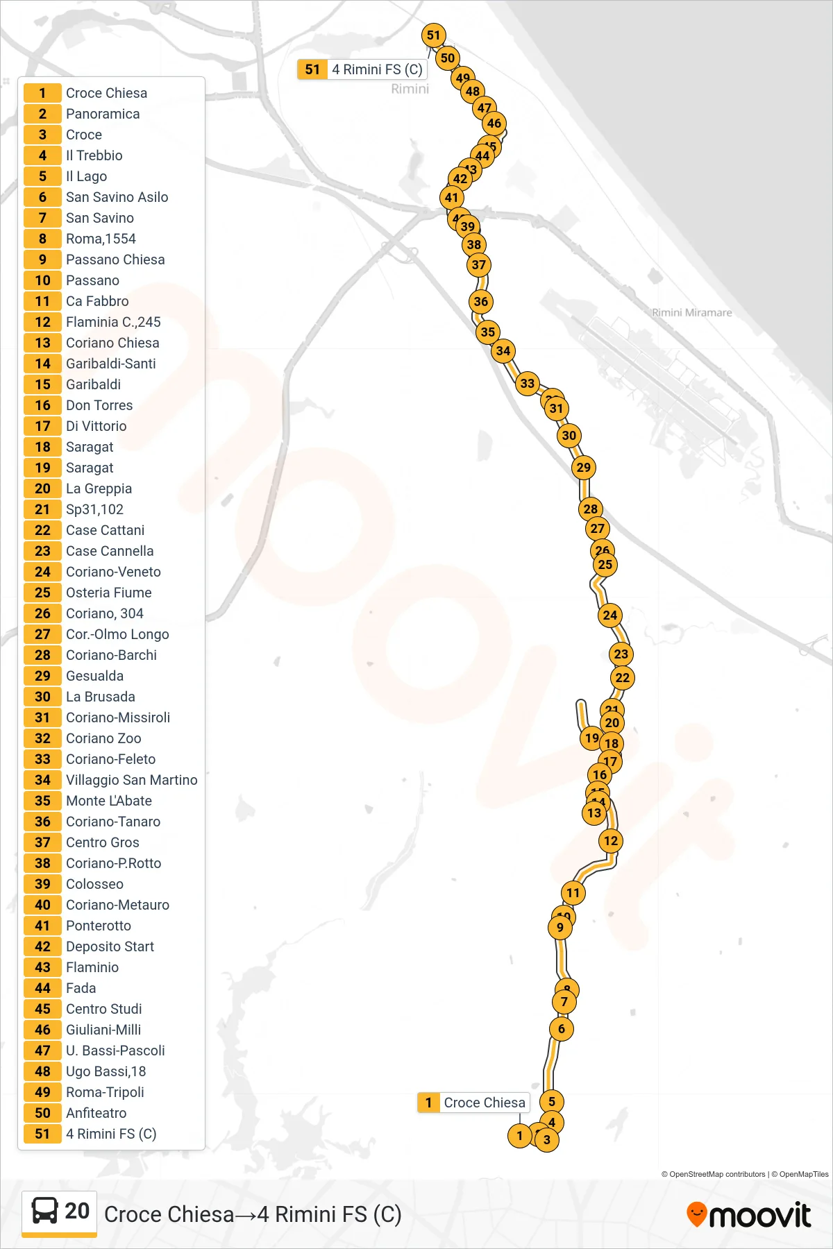 Linea 20 bus (Croce Chiesa→4 Rimini FS (C)) - Percorsi e fermate sulla mappa