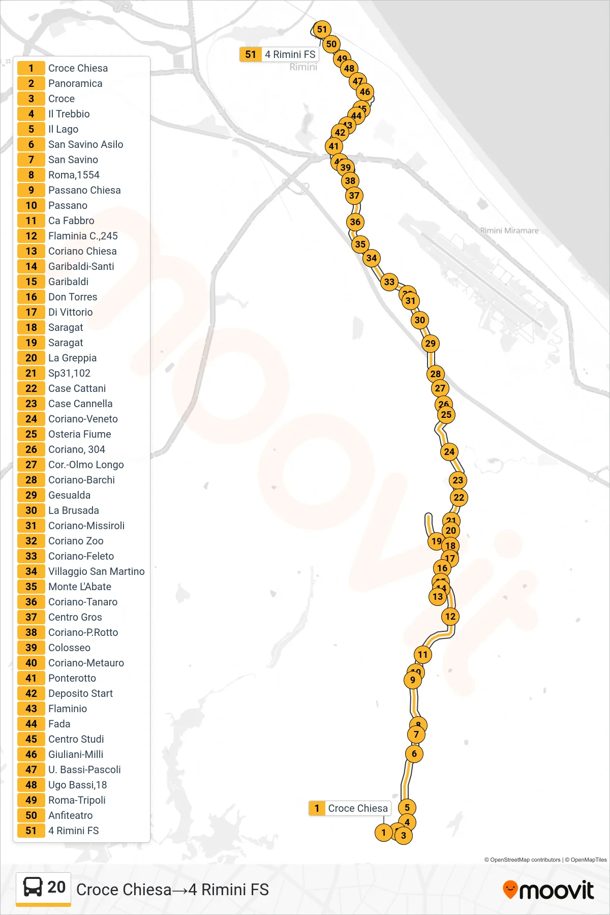 Linea 20  bus (Croce Chiesa‎→4 Rimini FS) - Percorsi e fermate sulla mappa