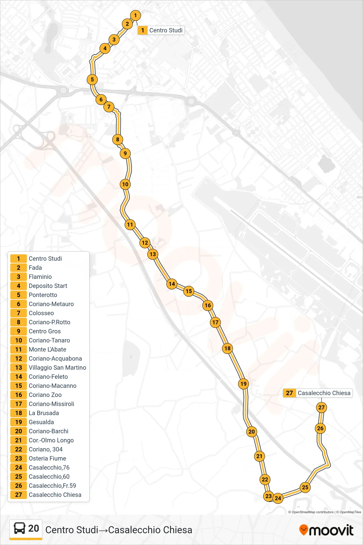 Linea 20  bus (Centro Studi‎→Casalecchio Chiesa) - Percorsi e fermate sulla mappa