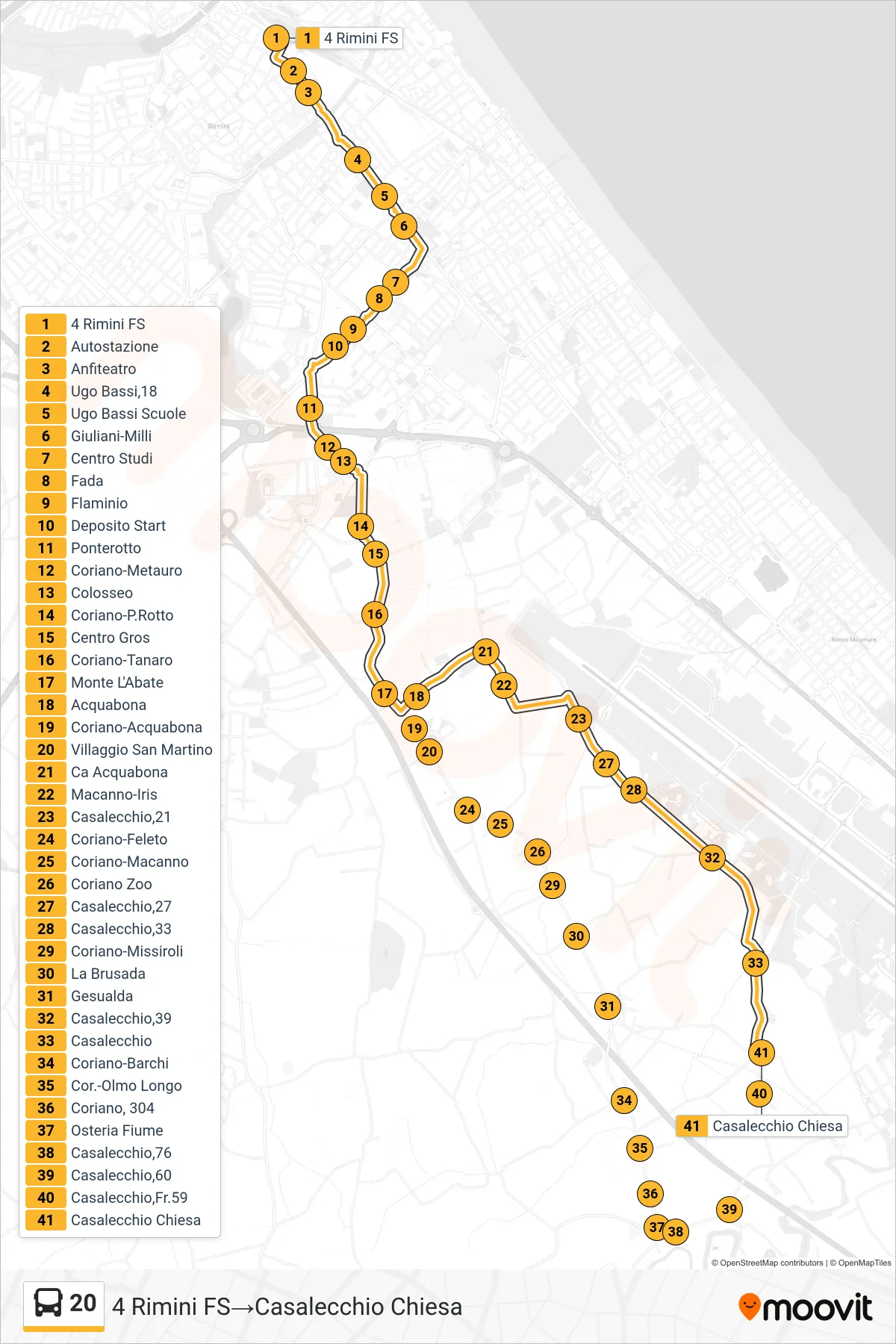 Linea 20 bus (4 Rimini FS→Casalecchio Chiesa) - Percorsi e fermate sulla mappa
