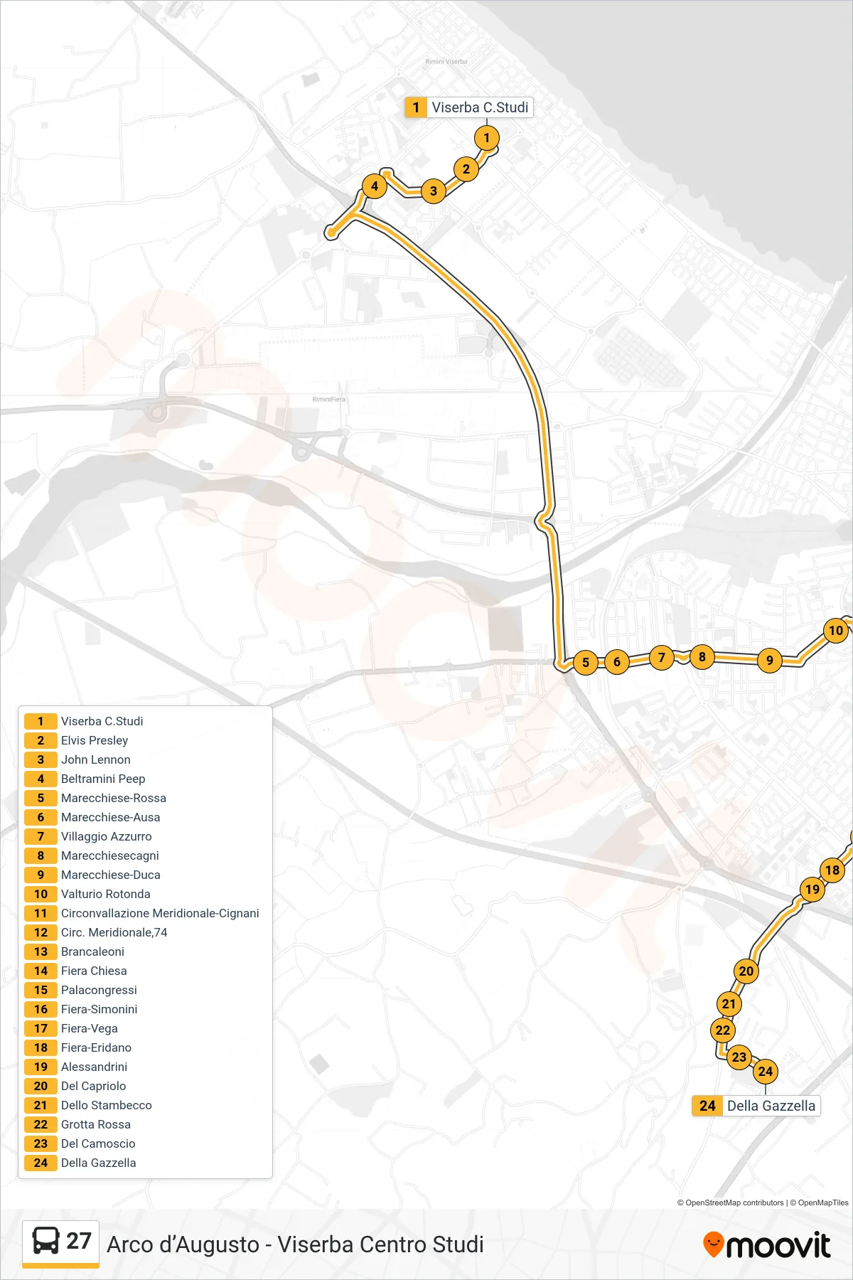 Linea 27  bus (Viserba C.Studi‎→Della Gazzella) - Percorsi e fermate sulla mappa