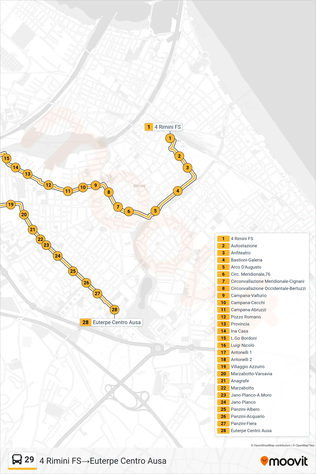 Linea 29 bus (4 Rimini FS→Euterpe Centro Ausa) - Percorsi e fermate sulla mappa