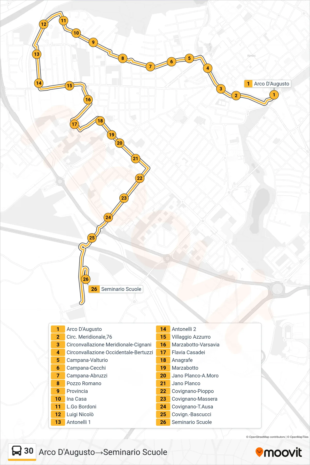 Linea 30 bus (Arco D'Augusto→Seminario Scuole) - Percorsi e fermate sulla mappa