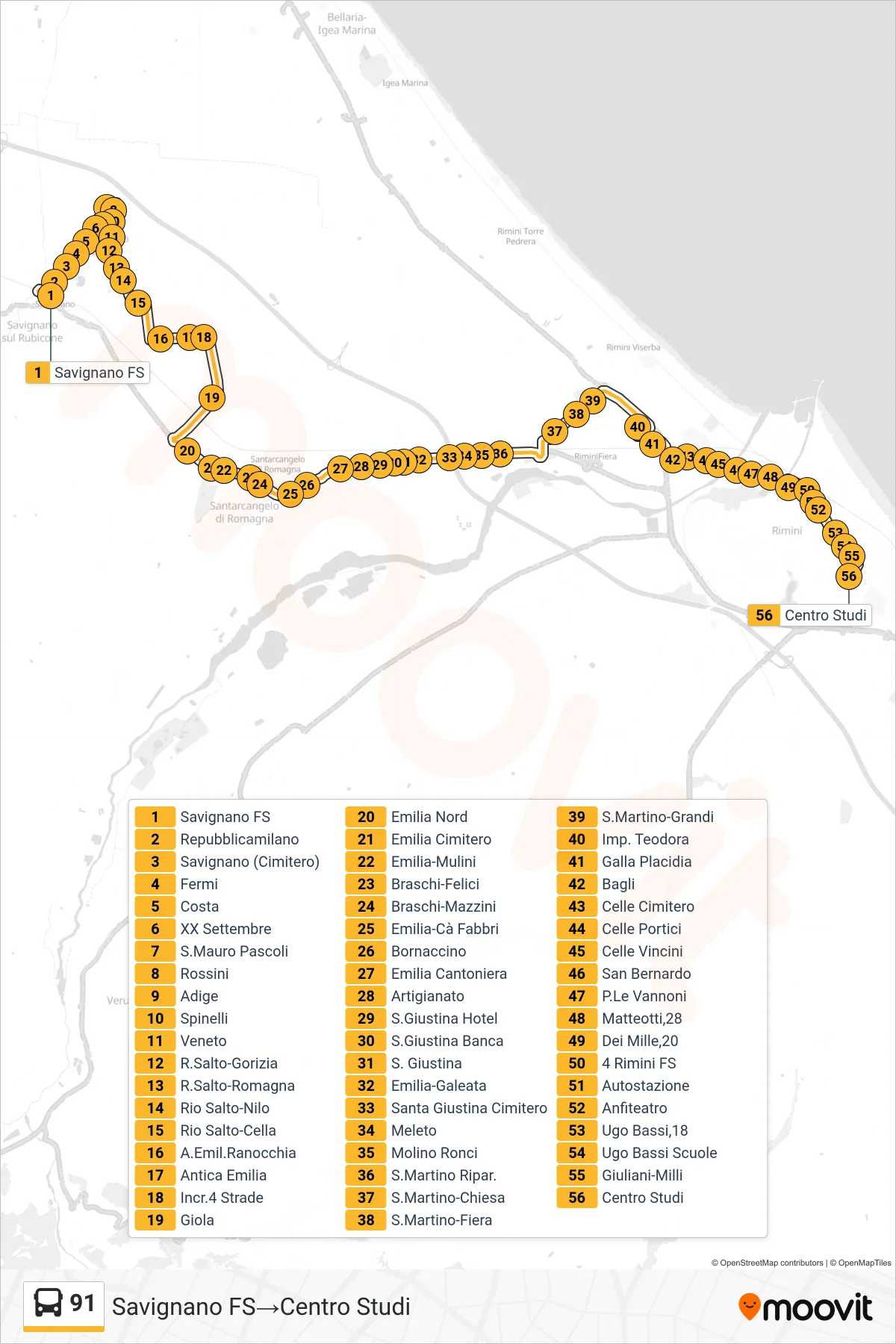 Linea 91  bus (Savignano FS‎→Centro Studi) - Percorsi e fermate sulla mappa