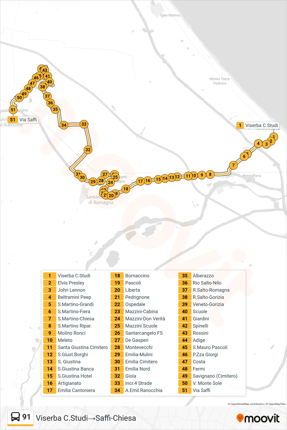 Linea 91  bus (Viserba C.Studi‎→Saffi-Chiesa) - Percorsi e fermate sulla mappa