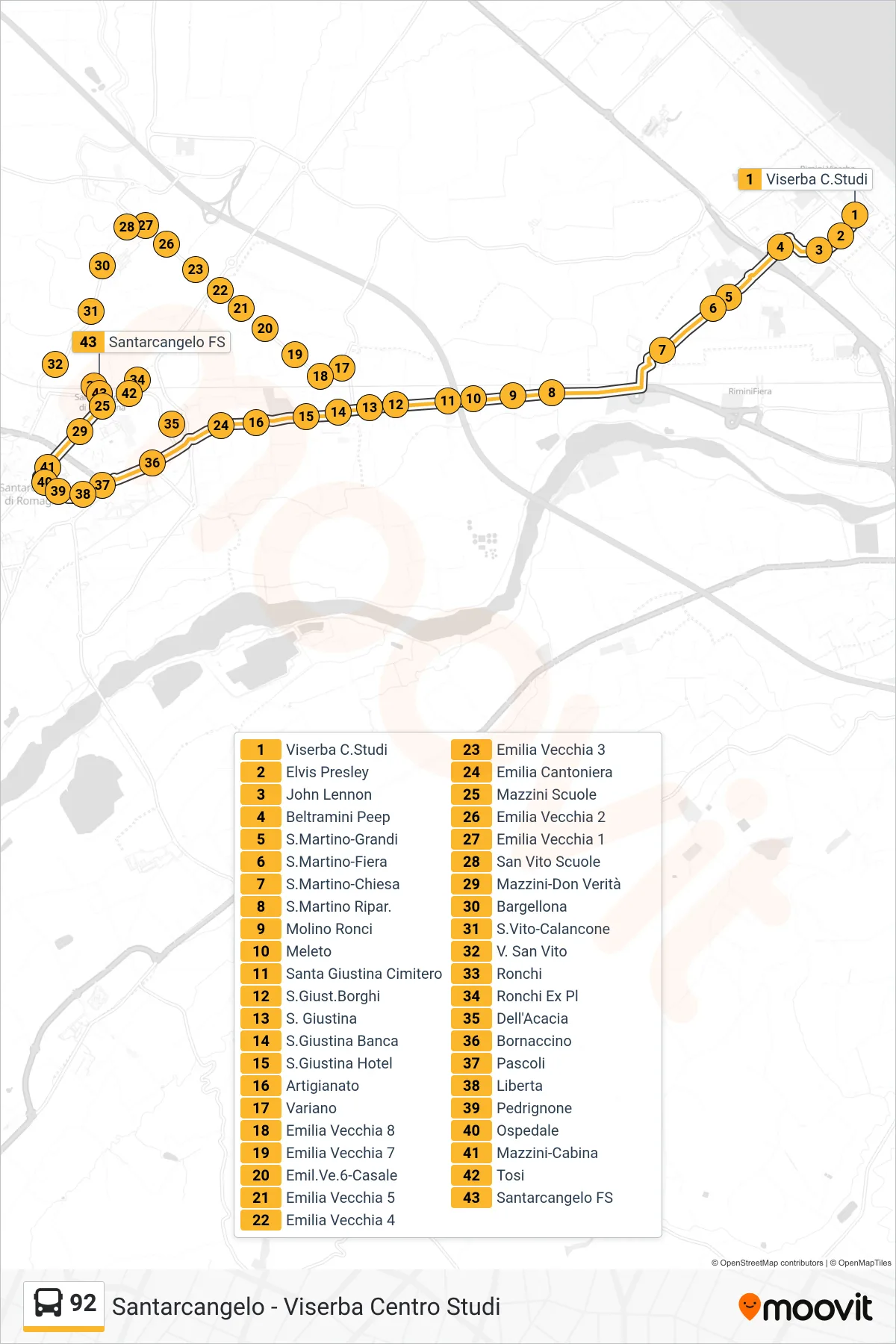 Linea 92 bus (Viserba C.Studi→Santarcangelo FS) - Percorsi e fermate sulla mappa