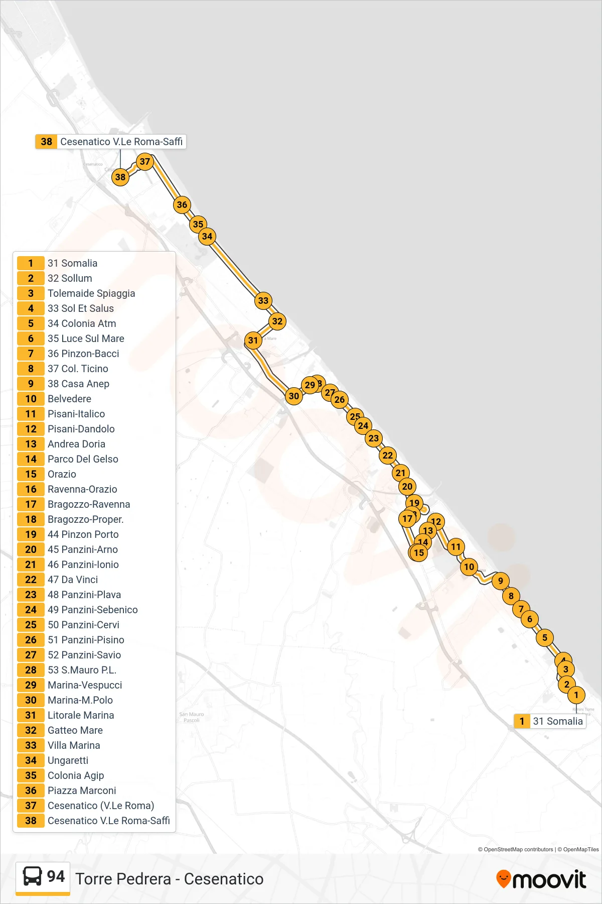 Linea 94 bus (31 Somalia→Cesenatico V.Le Roma-Saffi) - Percorsi e fermate sulla mappa