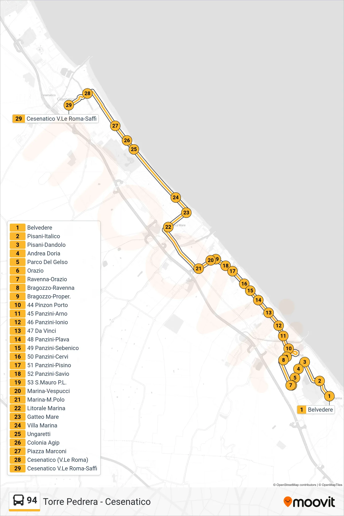 Linea 94 bus (Belverde→Cesenatico V.Le Roma-Saffi) - Percorsi e fermate sulla mappa