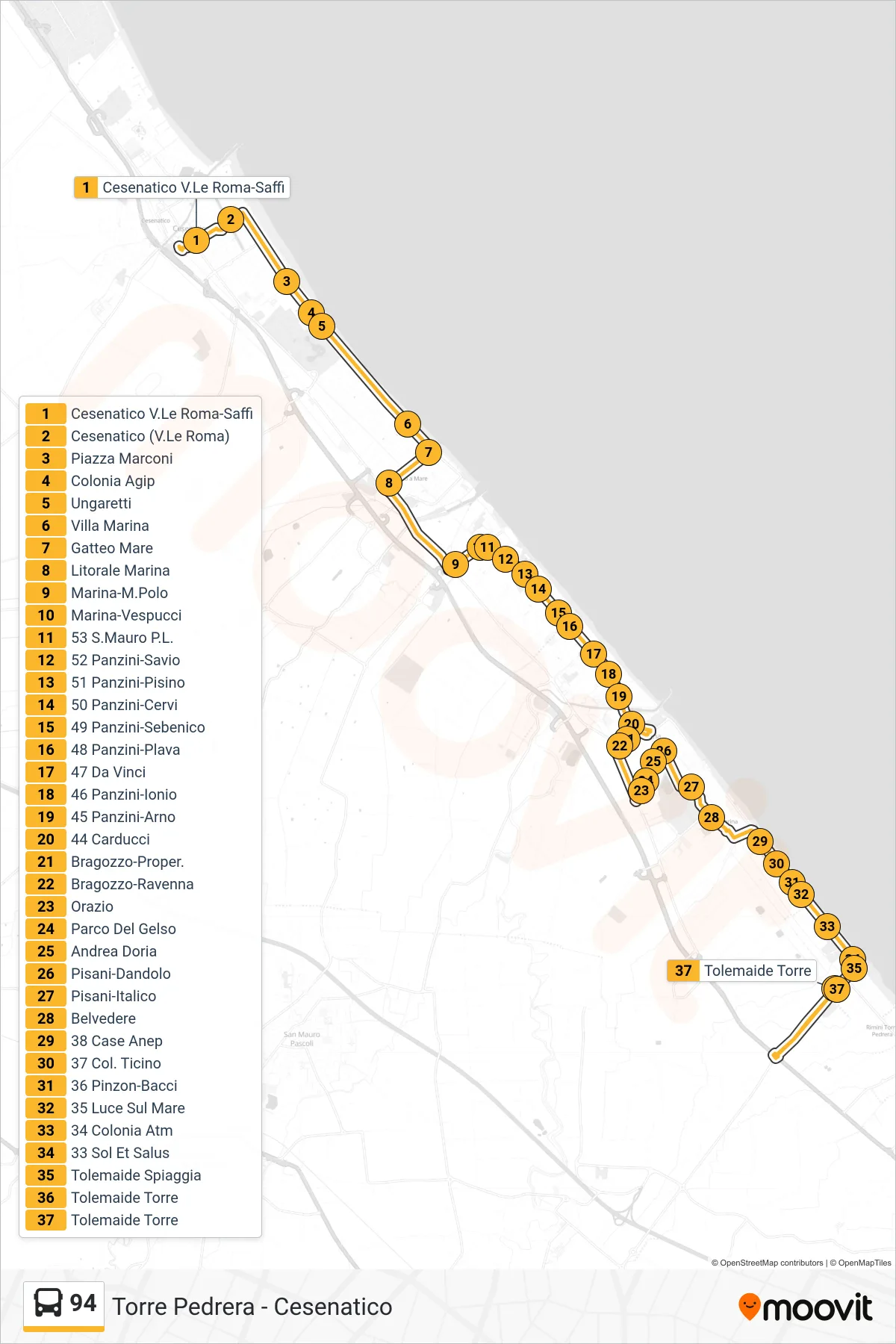 Linea 94  bus (Cesenatico V.Le Roma-Saffi‎→Tolemaide Torre) - Percorsi e fermate sulla mappa