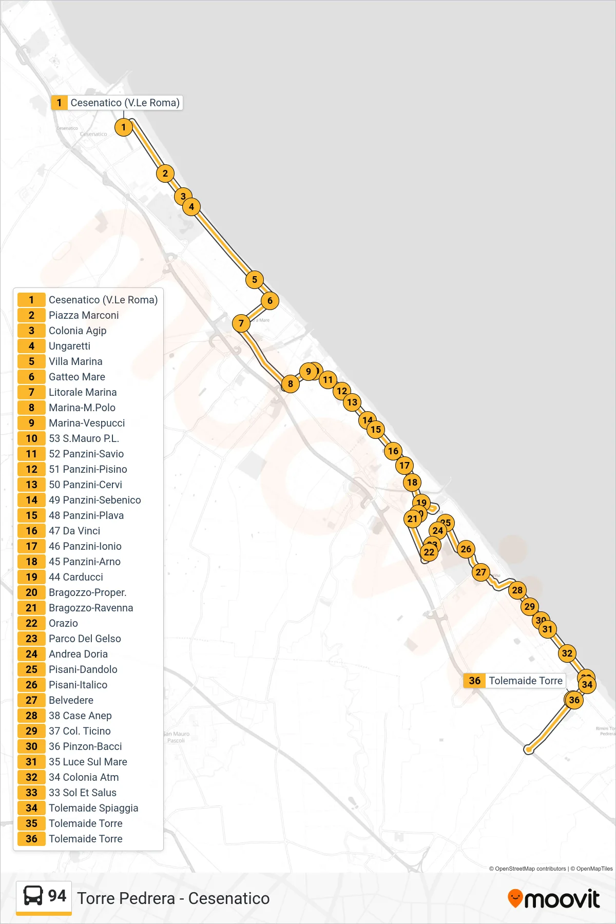 Linea 94  bus (Cesenatico (V.Le Roma)‎→Tolemaide Torre) - Percorsi e fermate sulla mappa