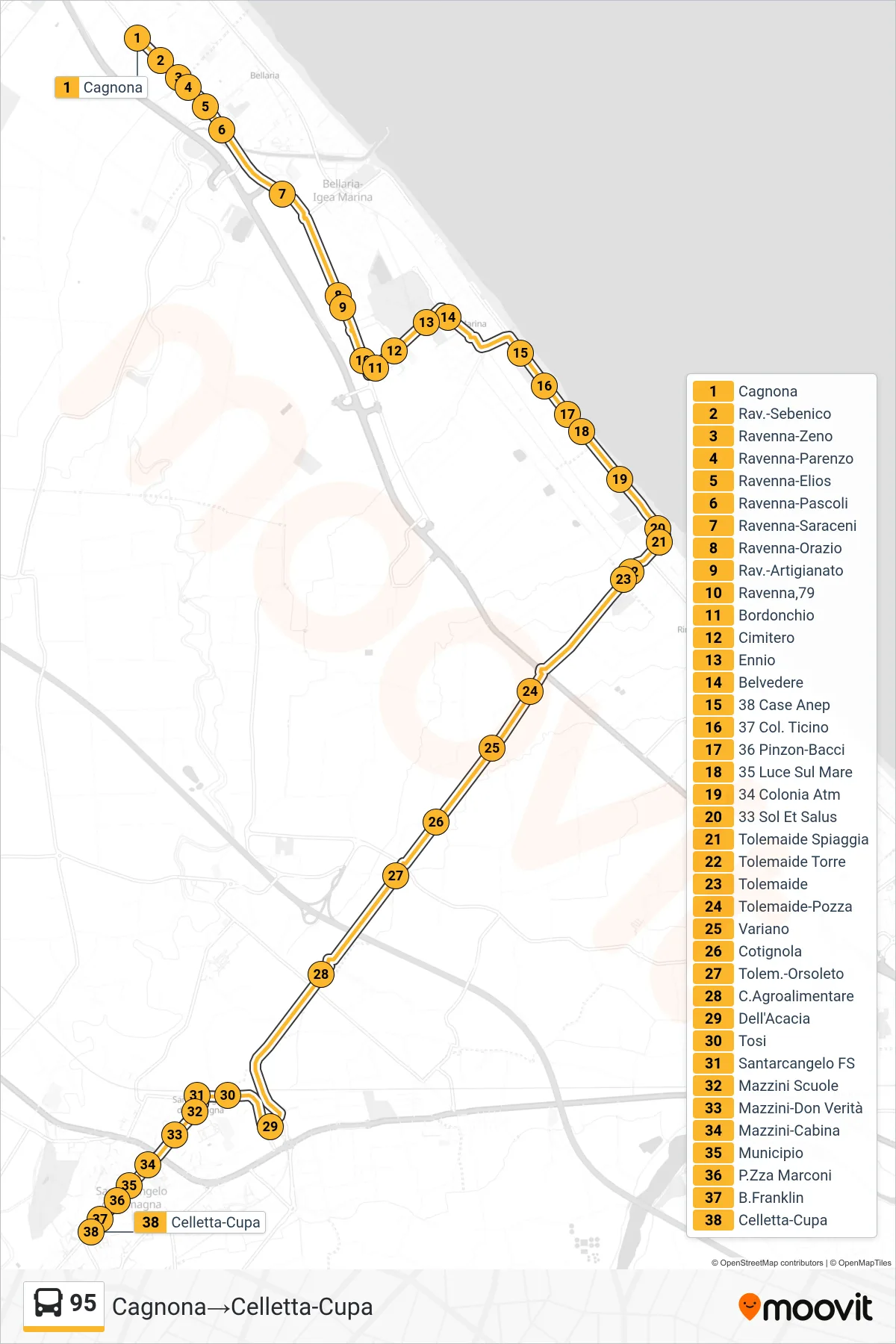 Linea 95 bus (Cagnona→Celletta-Cupa) - Percorsi e fermate sulla mappa