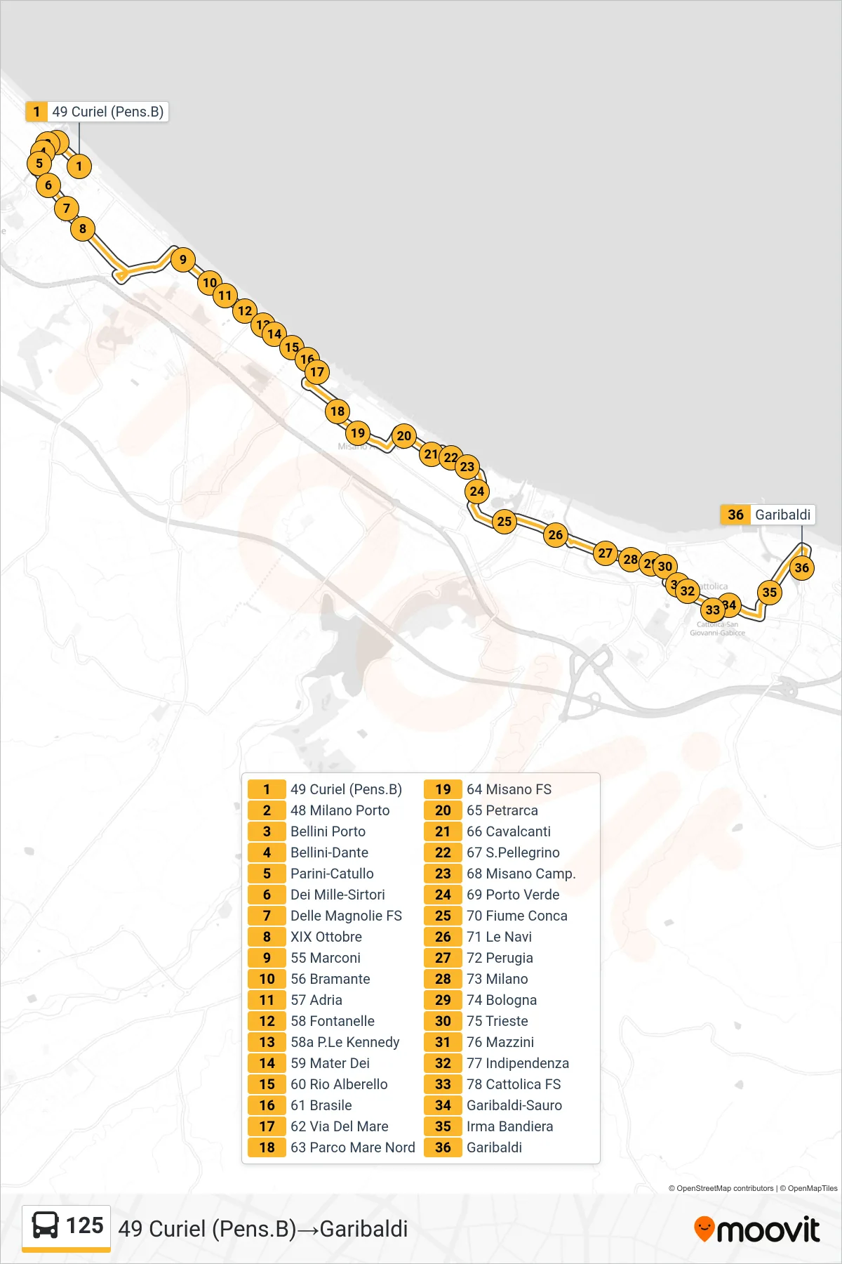 Linea 125  bus (49 Curiel (Pens.B)‎→Garibaldi) - Percorsi e fermate sulla mappa