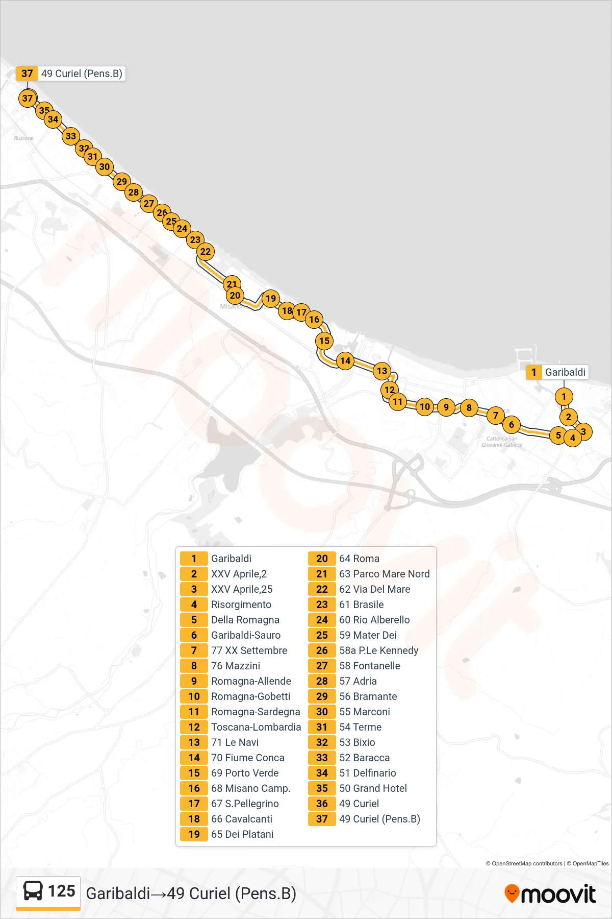 Linea 125 bus (Garibaldi→49 Curiel (Pens.B)) - Percorsi e fermate sulla mappa
