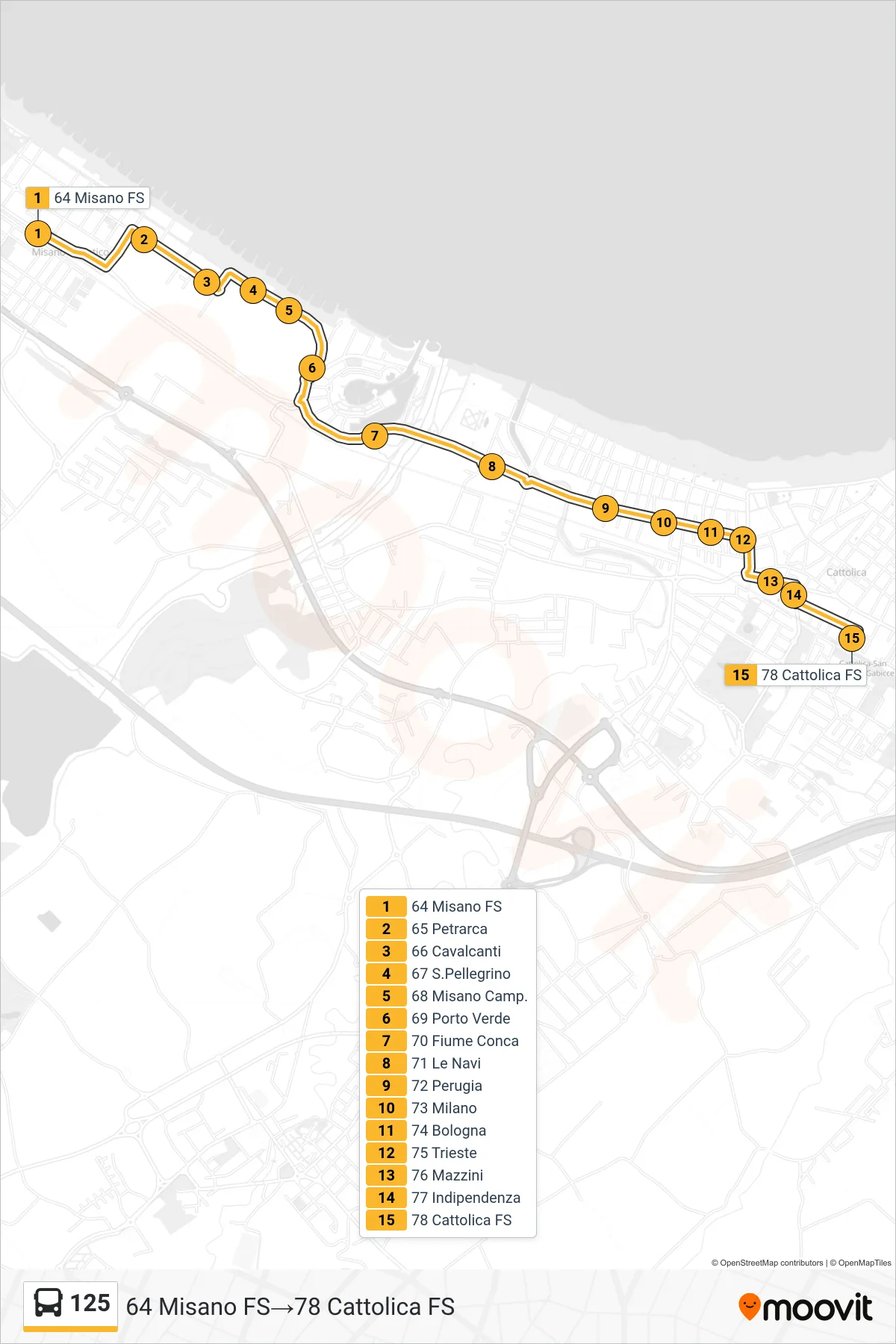 Linea 125  bus (64 Misano FS‎→78 Cattolica FS) - Percorsi e fermate sulla mappa