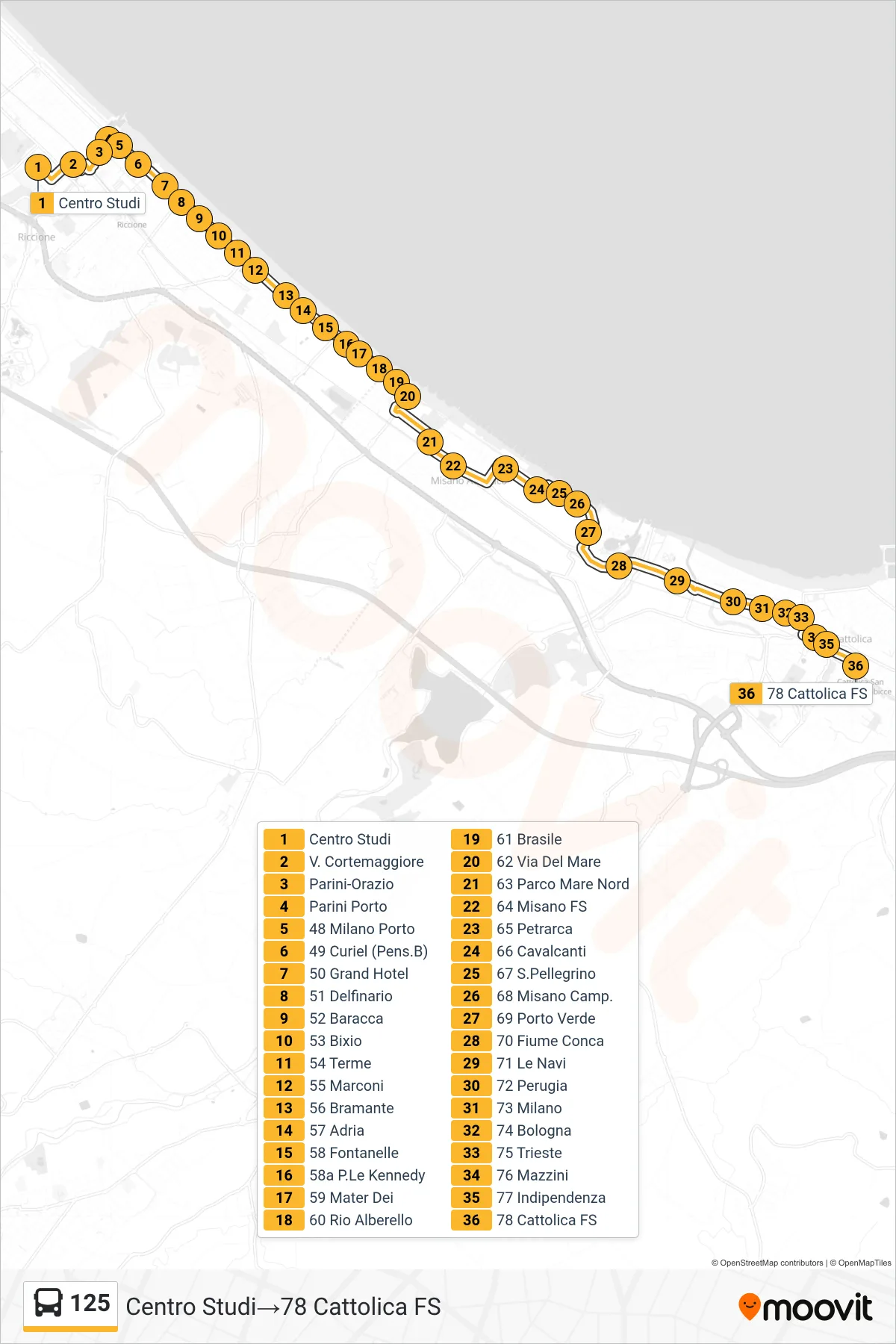 Linea 125  bus (Centro Studi‎→78 Cattolica FS) - Percorsi e fermate sulla mappa
