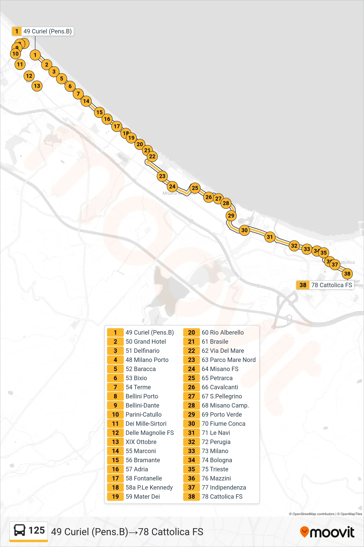 Linea 125 bus (49 Curiel (Pens.B)→78 Cattolica FS) - Percorsi e fermate sulla mappa