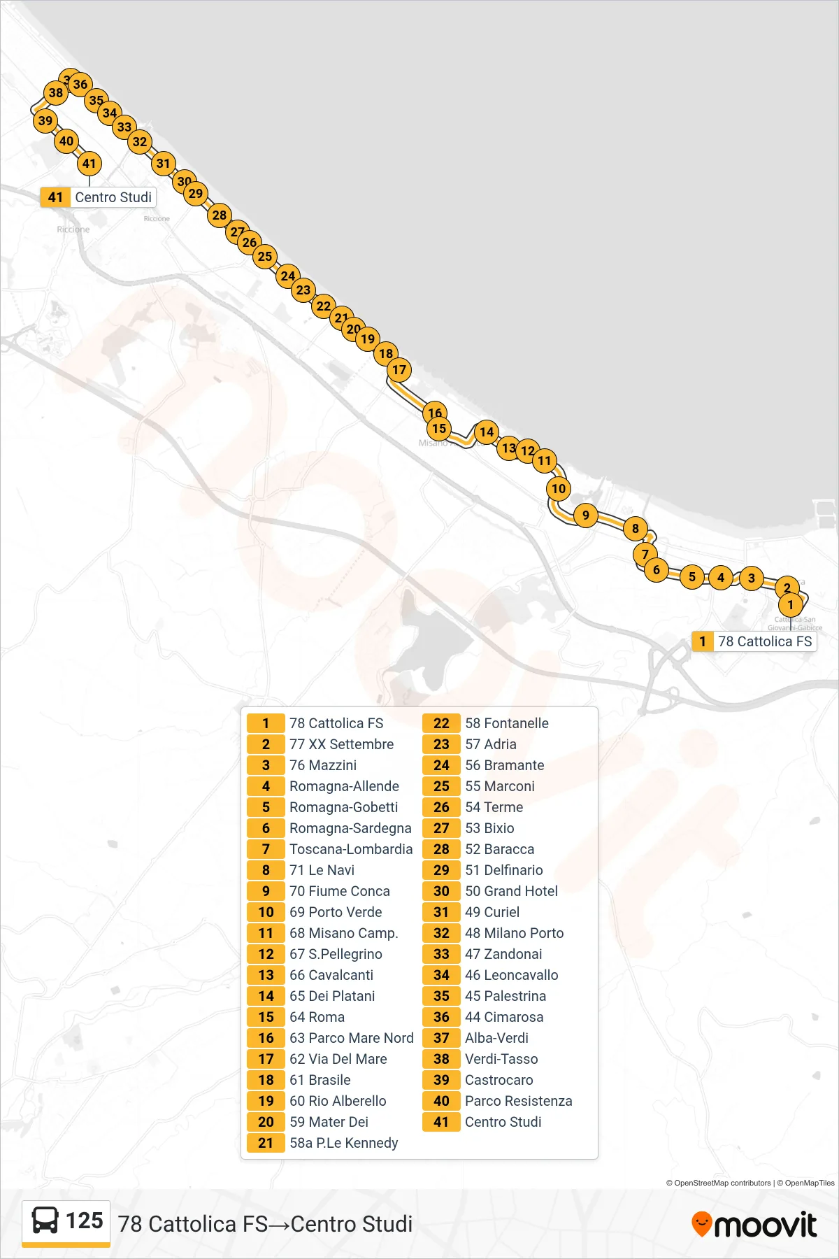 Linea 125 bus (78 Cattolica FS→Centro Studi) - Percorsi e fermate sulla mappa
