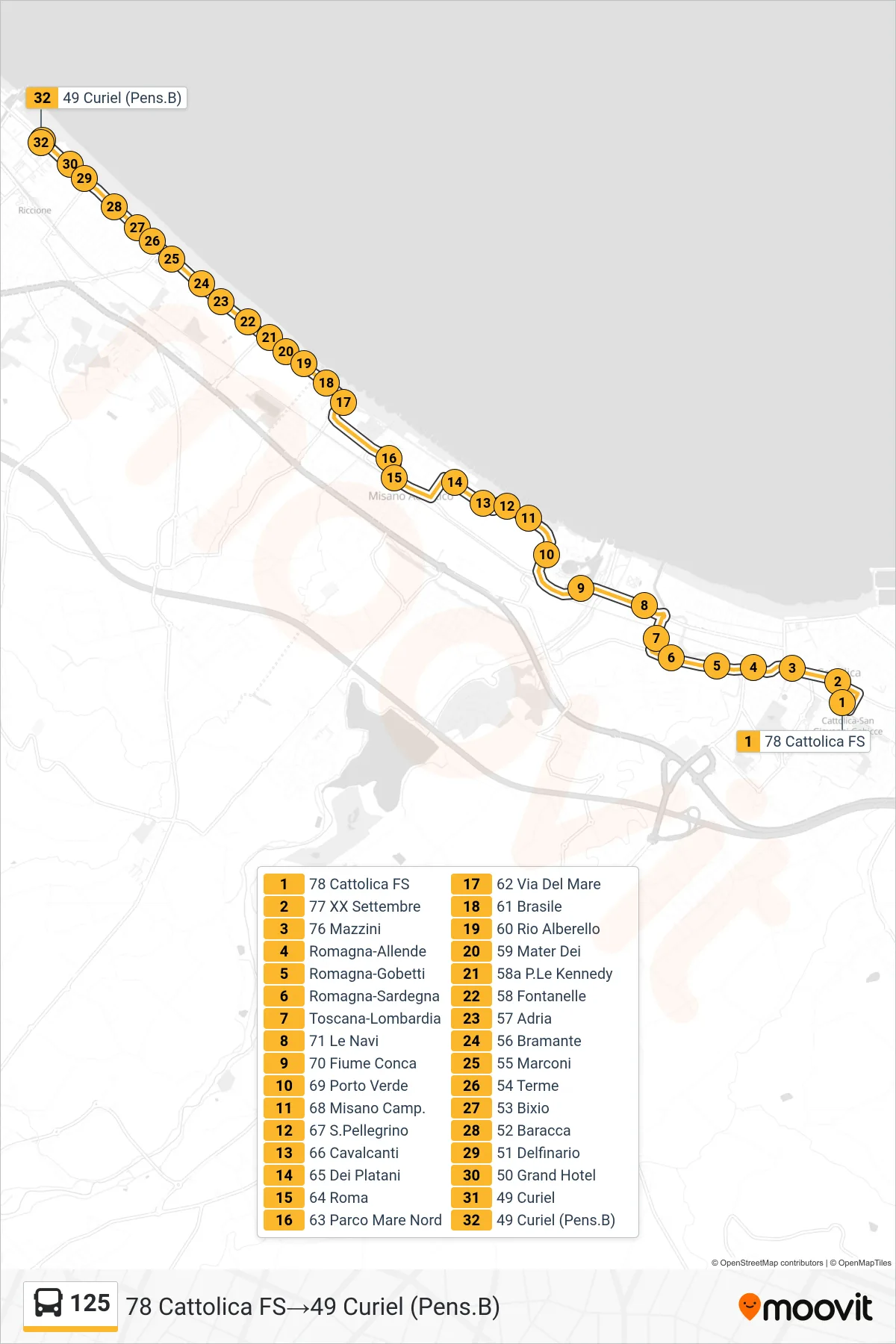 Linea 125  bus (78 Cattolica FS‎→49 Curiel (Pens.B)) - Percorsi e fermate sulla mappa