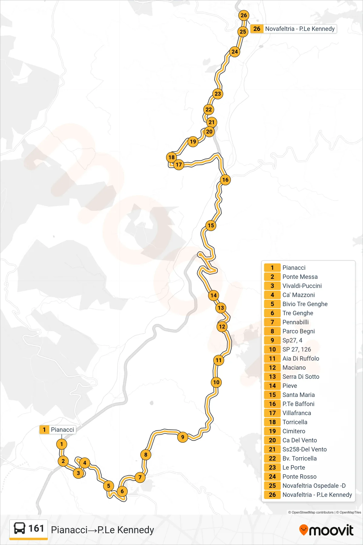 Linea 161  bus (Pianacci‎→P.Le Kennedy) - Percorsi e fermate sulla mappa