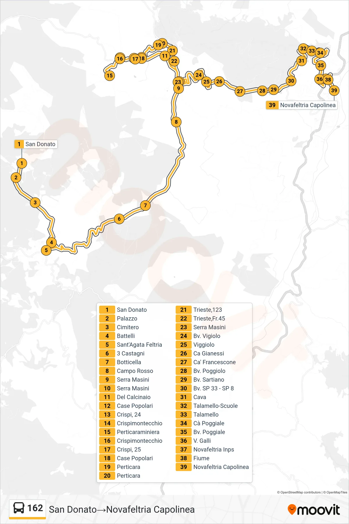 Linea 162  bus (San Donato‎→Novafeltria Capolinea) - Percorsi e fermate sulla mappa