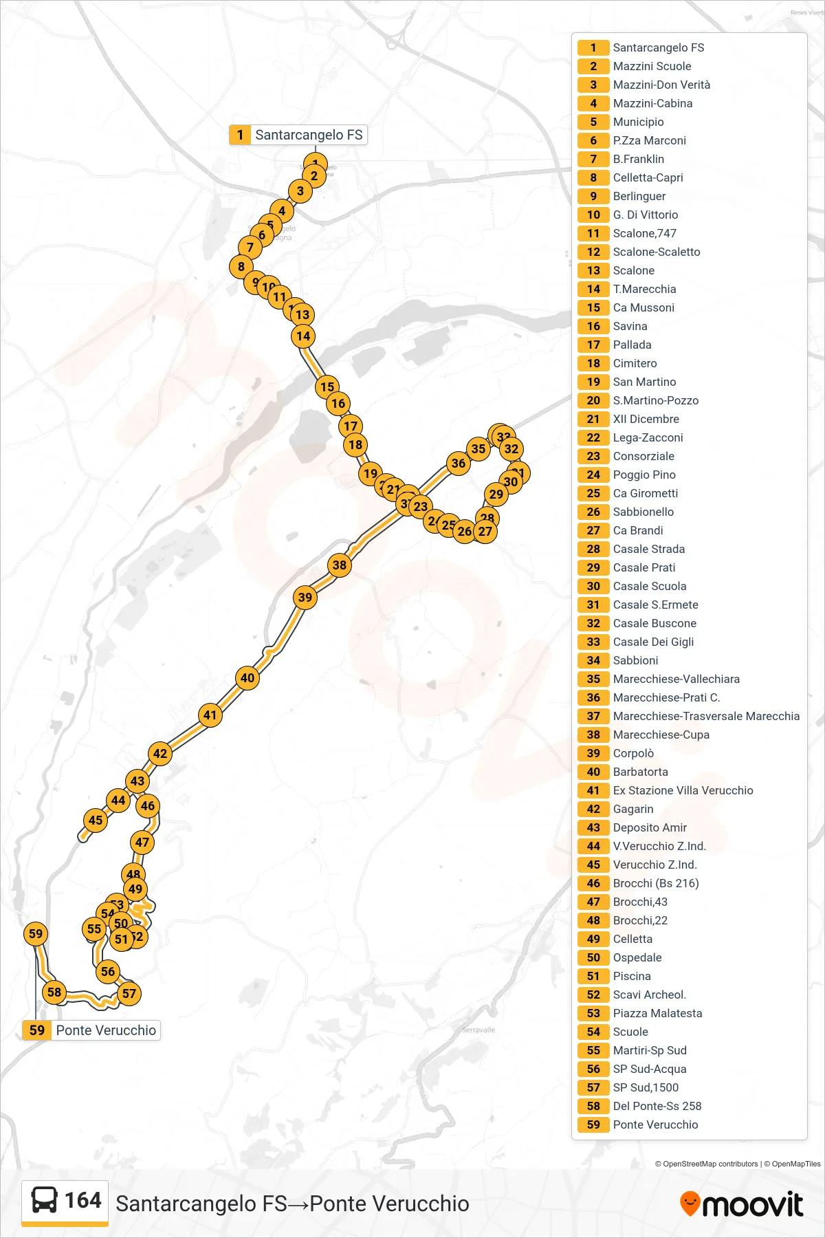 Linea 164  bus (Santarcangelo FS‎→Ponte Verucchio) - Percorsi e fermate sulla mappa