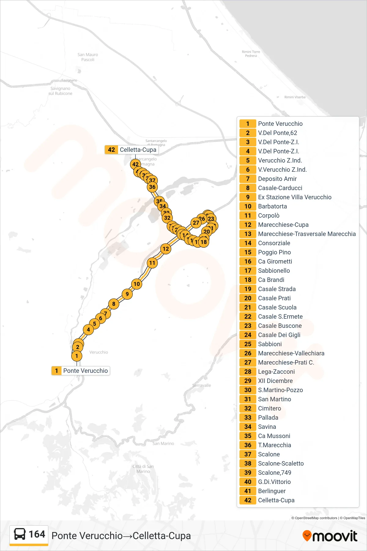 Linea 164 bus (Ponte Verucchio→Celletta-Cupa) - Percorsi e fermate sulla mappa