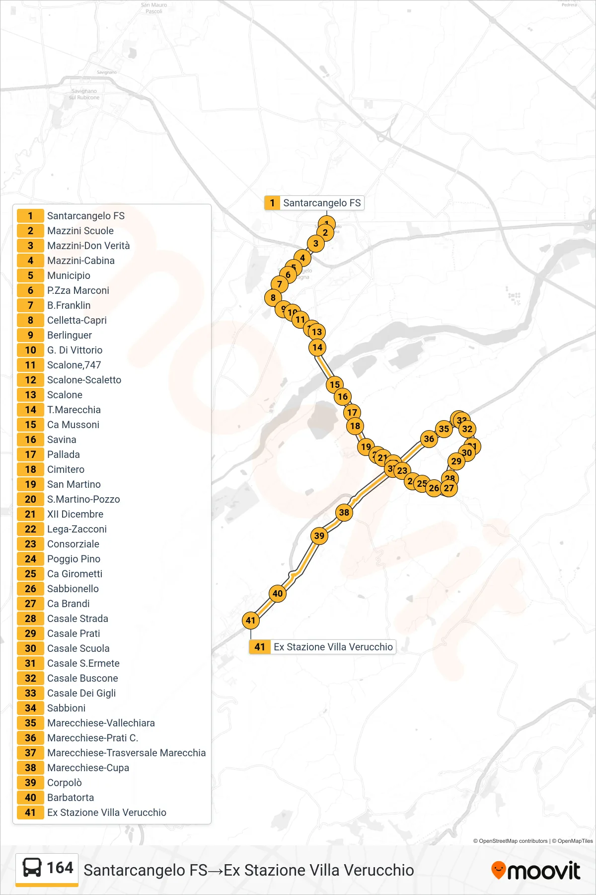 Linea 164 bus (Santarcangelo FS→Ex Stazione Villa Verucchio) - Percorsi e fermate sulla mappa