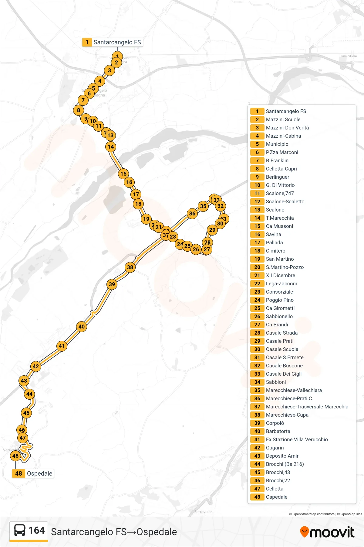Linea 164  bus (Santarcangelo FS‎→Ospedale) - Percorsi e fermate sulla mappa