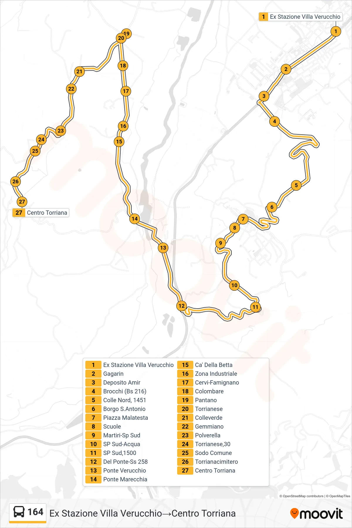 Linea 164 bus (Ex Stazione Villa Verucchio→Centro Torriana) - Percorsi e fermate sulla mappa