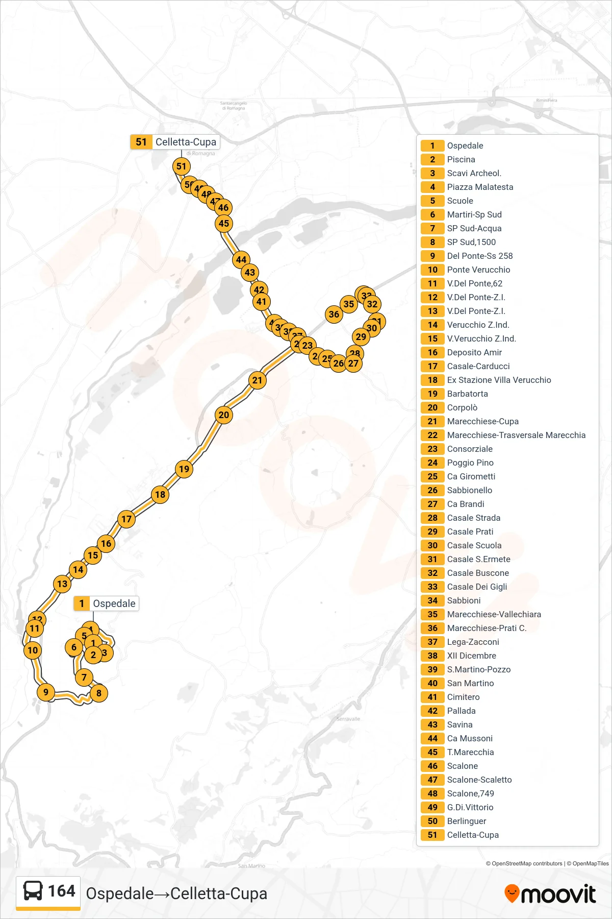 Linea 164 bus (Ospedale→Celletta-Cupa) - Percorsi e fermate sulla mappa
