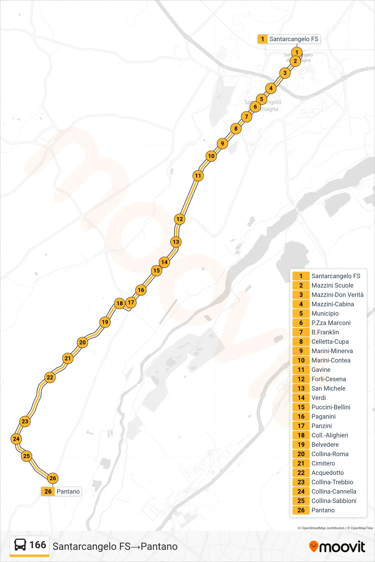 Linea 166  bus (Santarcangelo FS‎→Pantano) - Percorsi e fermate sulla mappa