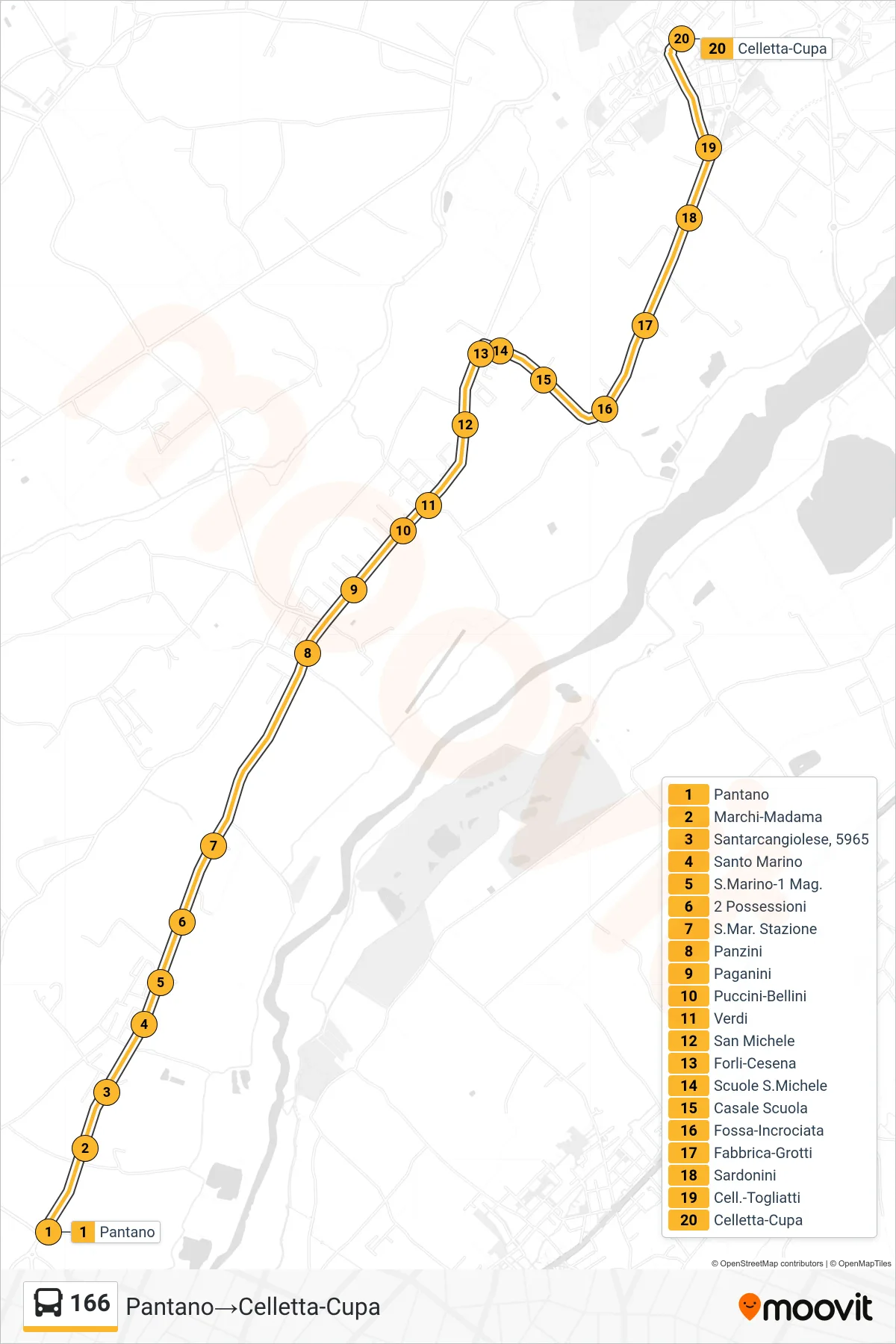 Linea 166 bus (Pantano→Celletta-Cupa) - Percorsi e fermate sulla mappa