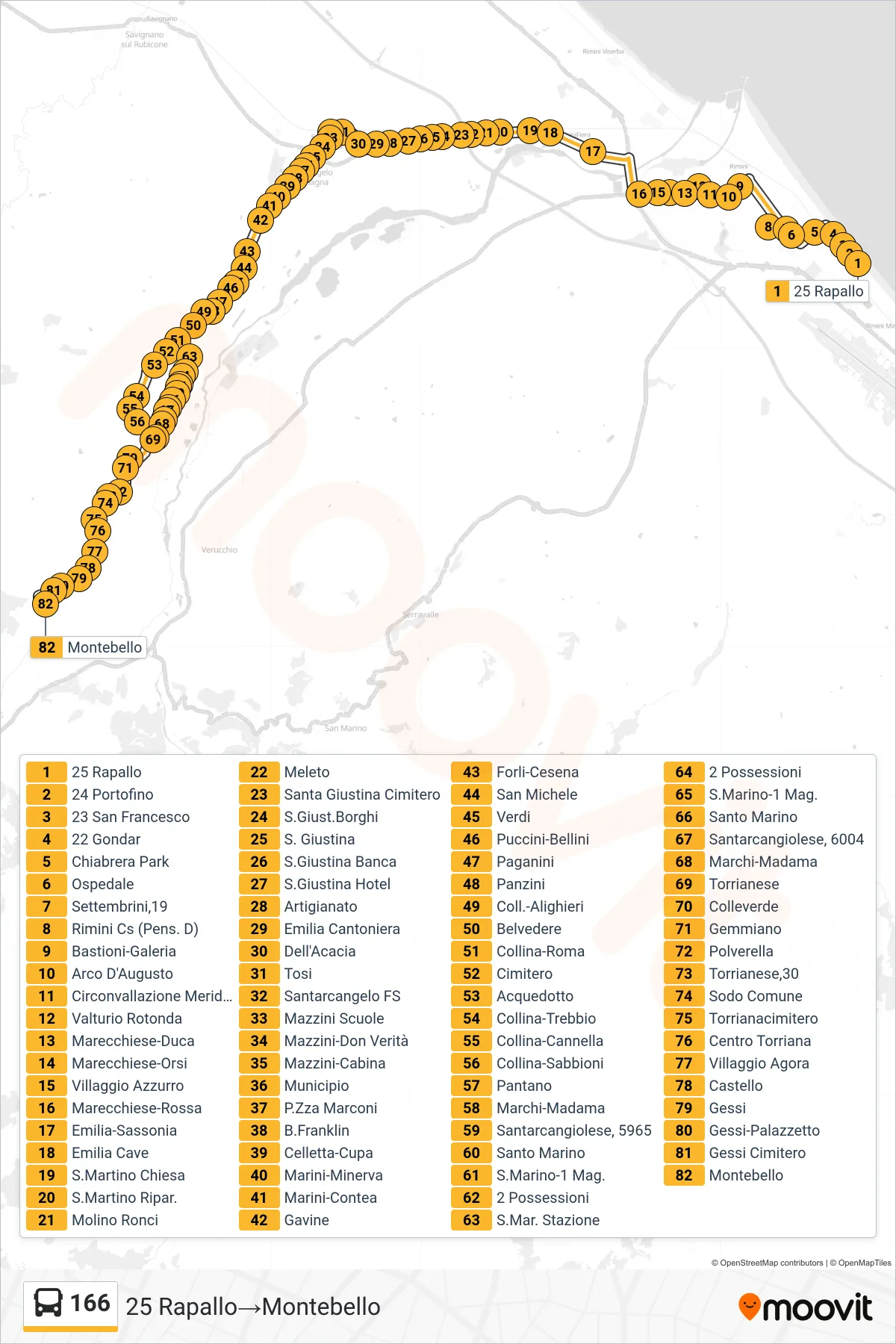 Linea 166 bus (25 Rapallo→Montebello) - Percorsi e fermate sulla mappa