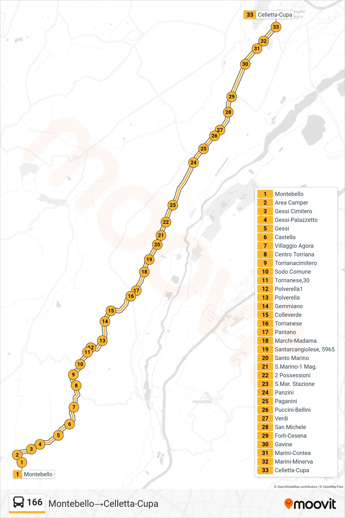 Linea 166  bus (Montebello‎→Celletta-Cupa) - Percorsi e fermate sulla mappa