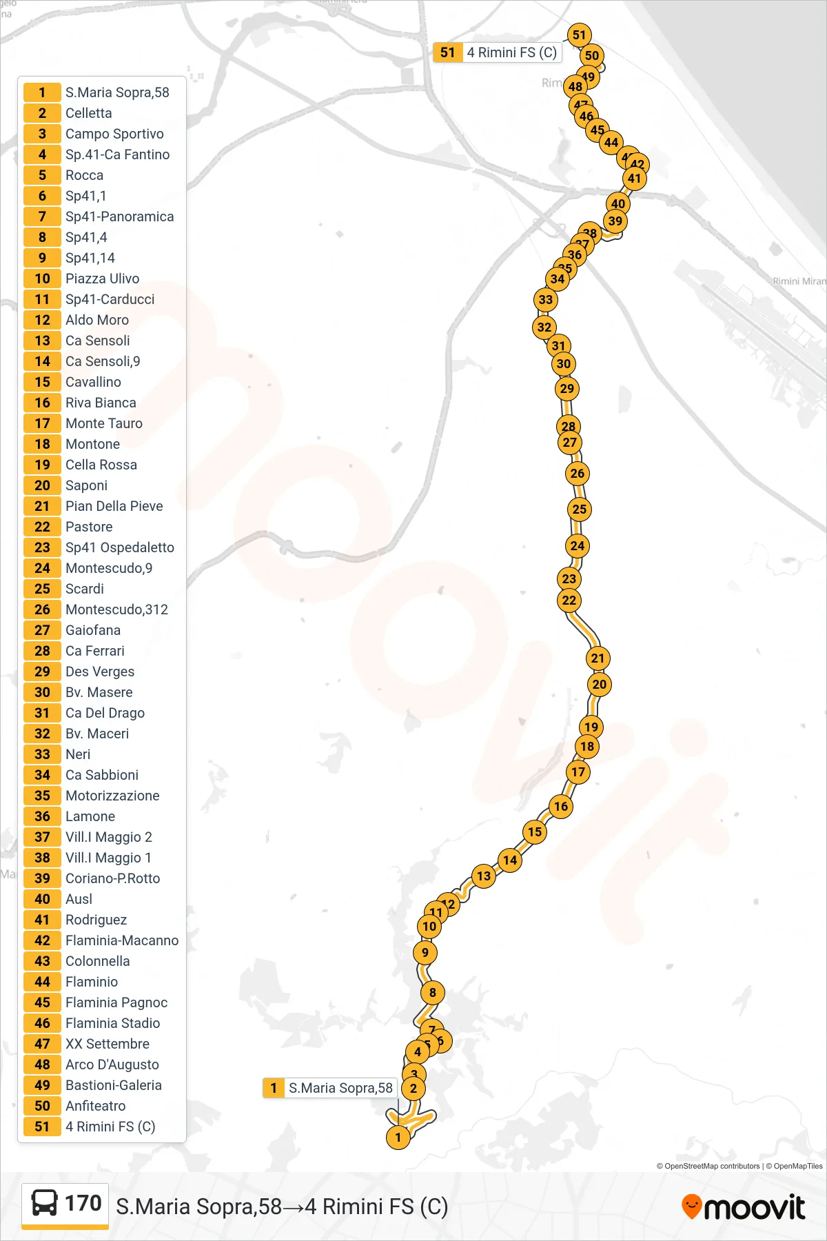 Linea 170  bus (S.Maria Sopra,58‎→4 Rimini FS (C)) - Percorsi e fermate sulla mappa