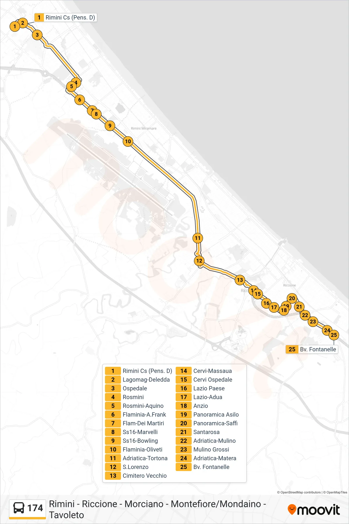 Linea 174  bus (Rimini Cs (Pens.D)‎→Bv. Fontanelle) - Percorsi e fermate sulla mappa
