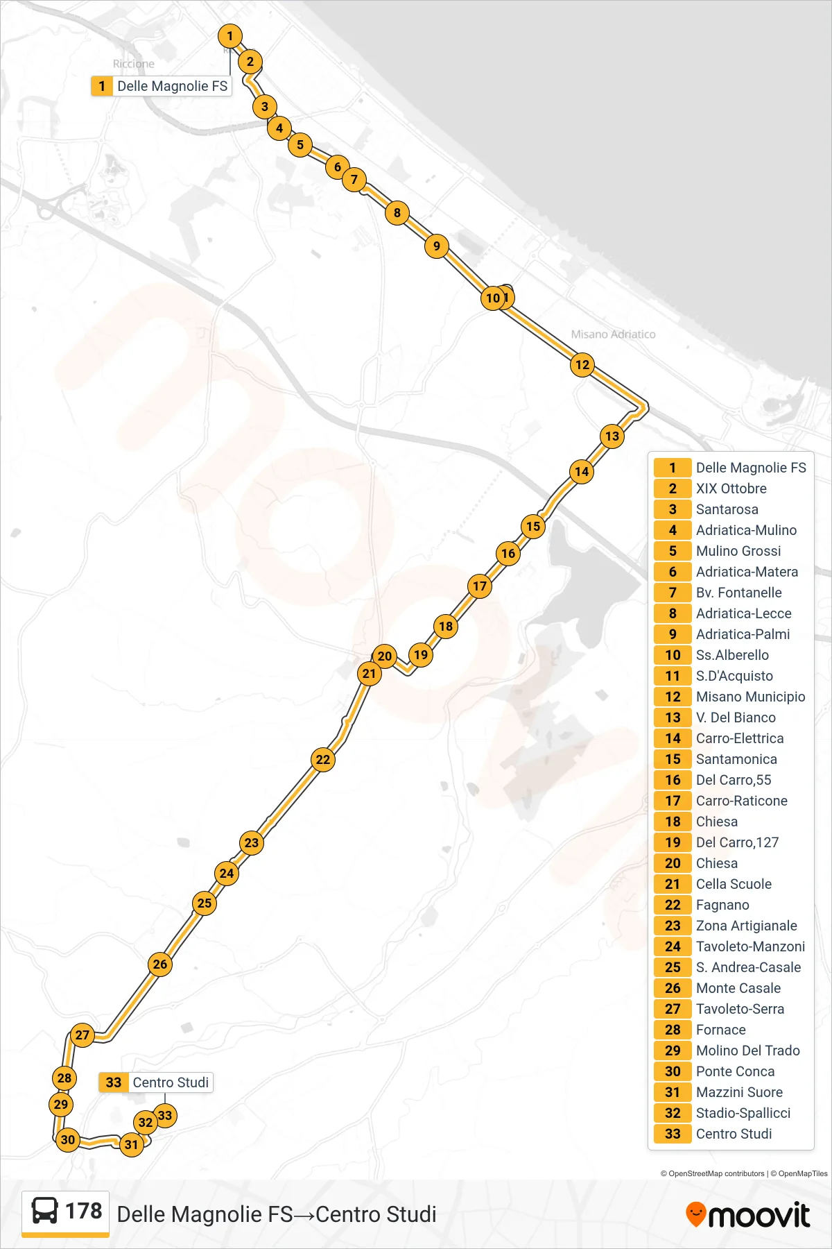 Linea 178  bus (Delle Magnolie FS‎→Centro Studi) - Percorsi e fermate sulla mappa