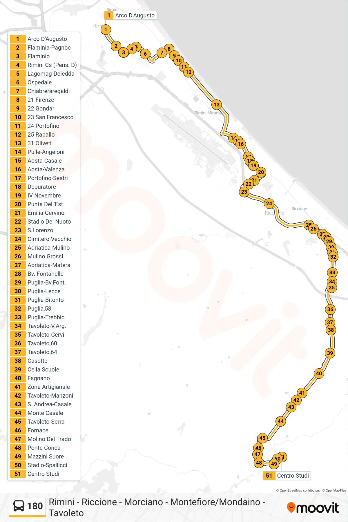Linea 180 bus (Arco D'Augusto→Centro Studi) - Percorsi e fermate sulla mappa