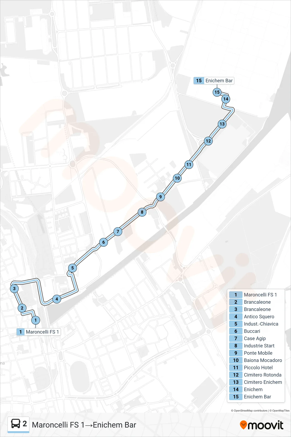 Linea 2 bus (Maroncelli FS 1→Enichem Bar) - Percorsi e fermate sulla mappa