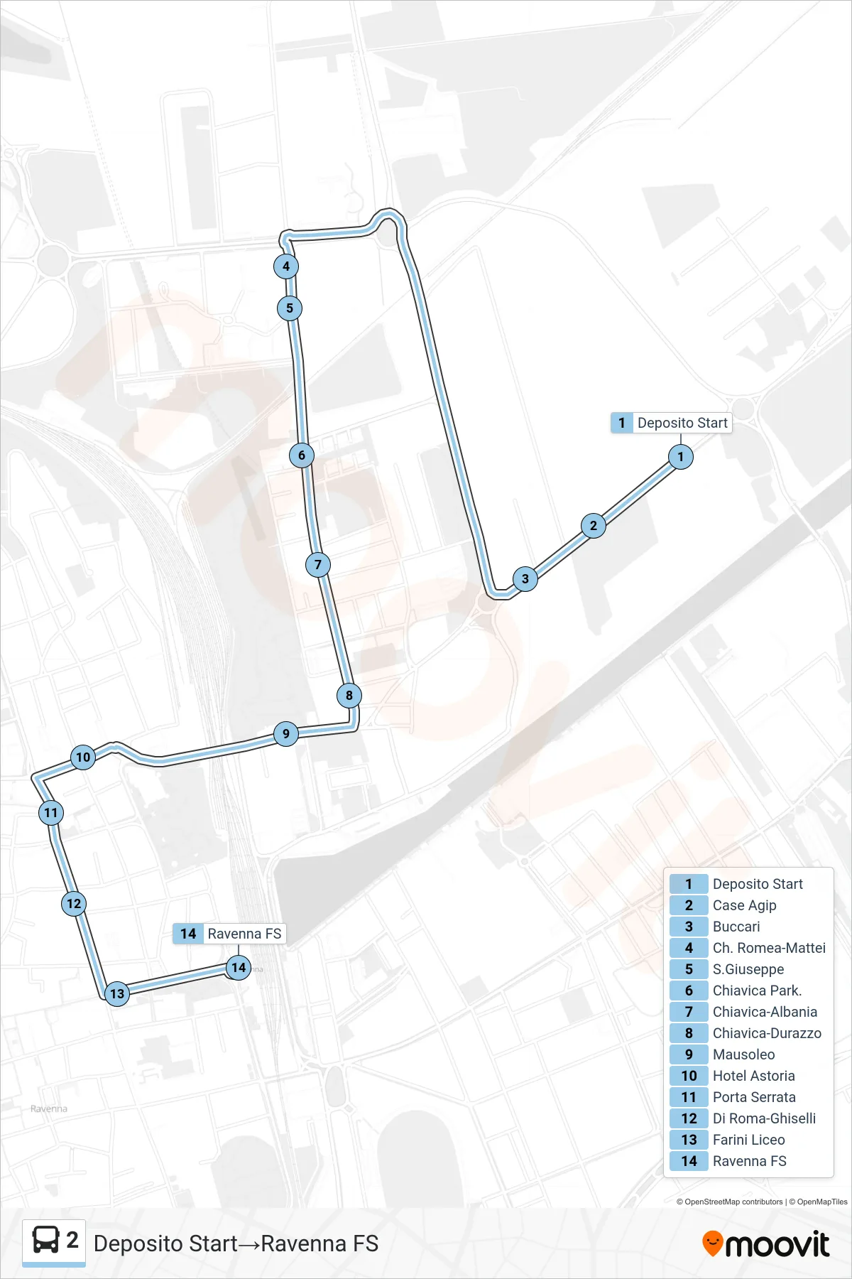 Linea 2  bus (Deposito Start‎→Ravenna FS) - Percorsi e fermate sulla mappa